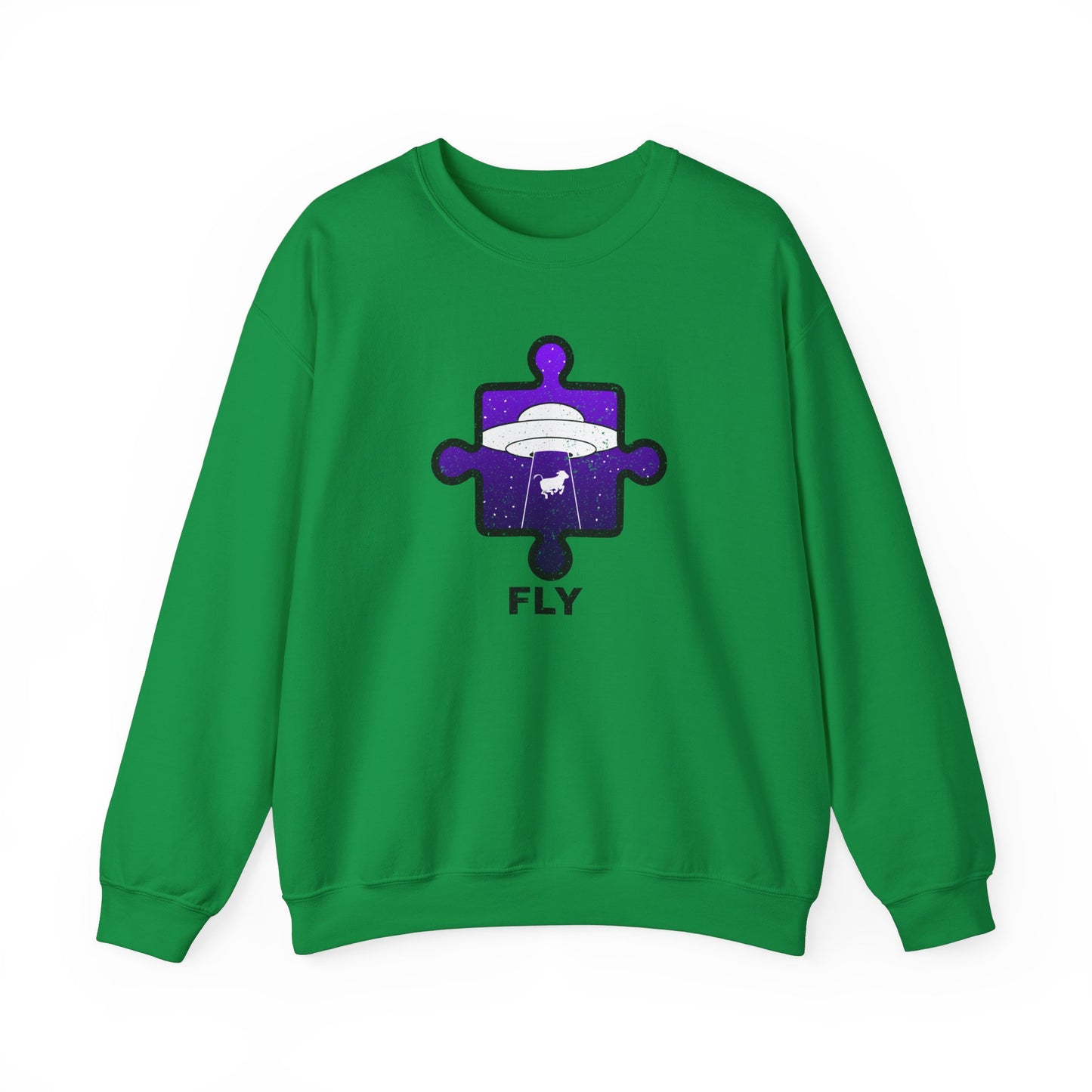 Distressed Crewneck Sweatshirt – Cow & UFO Puzzle Piece with ‘Fly’ Theme