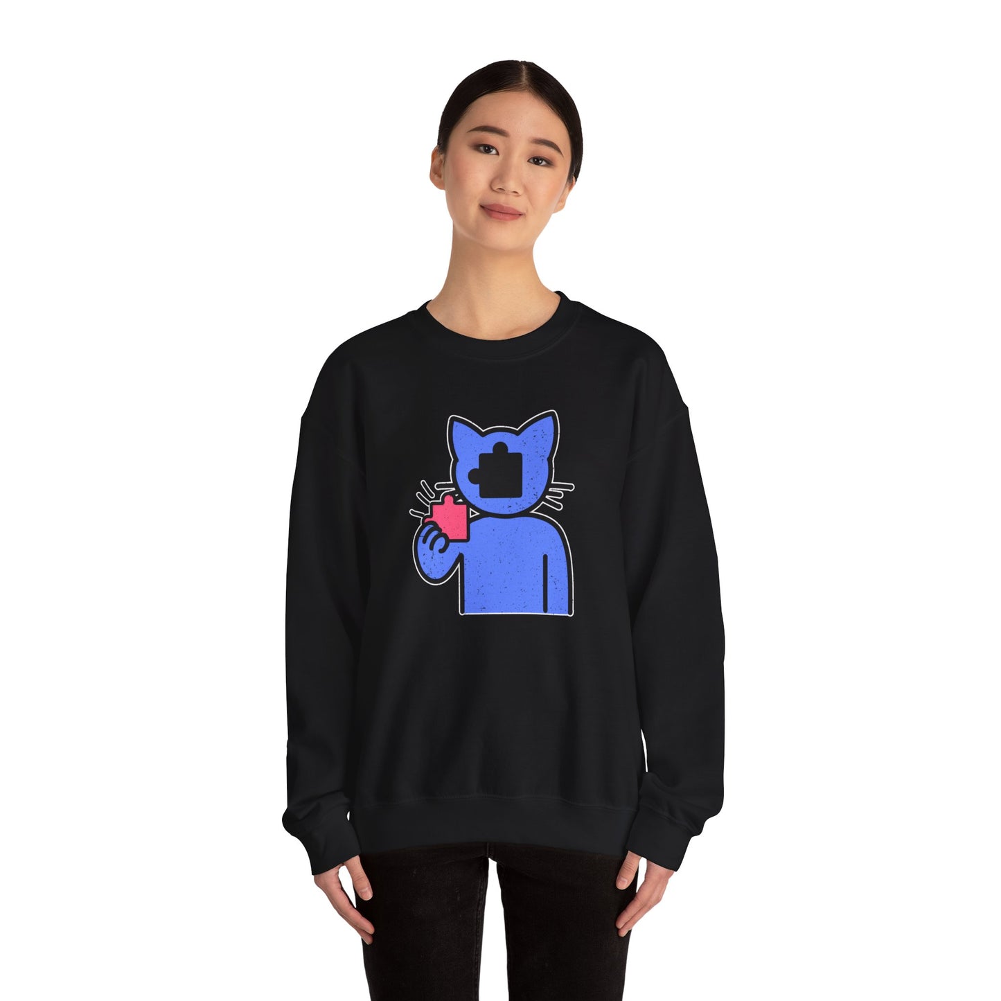 Cat Puzzle Piece Sweatshirt – Distressed Graphic Crewneck – Cozy Unisex Fleece for Life’s Puzzle Lovers