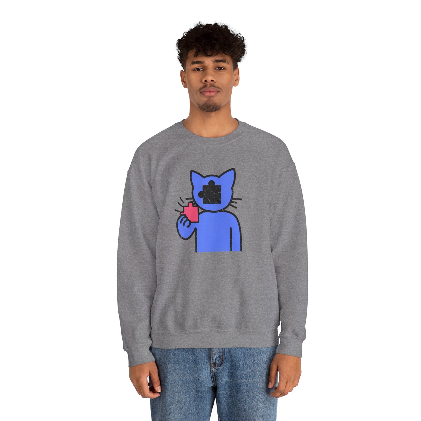 Cat Puzzle Piece Sweatshirt – Distressed Graphic Crewneck – Cozy Unisex Fleece for Life’s Puzzle Lovers