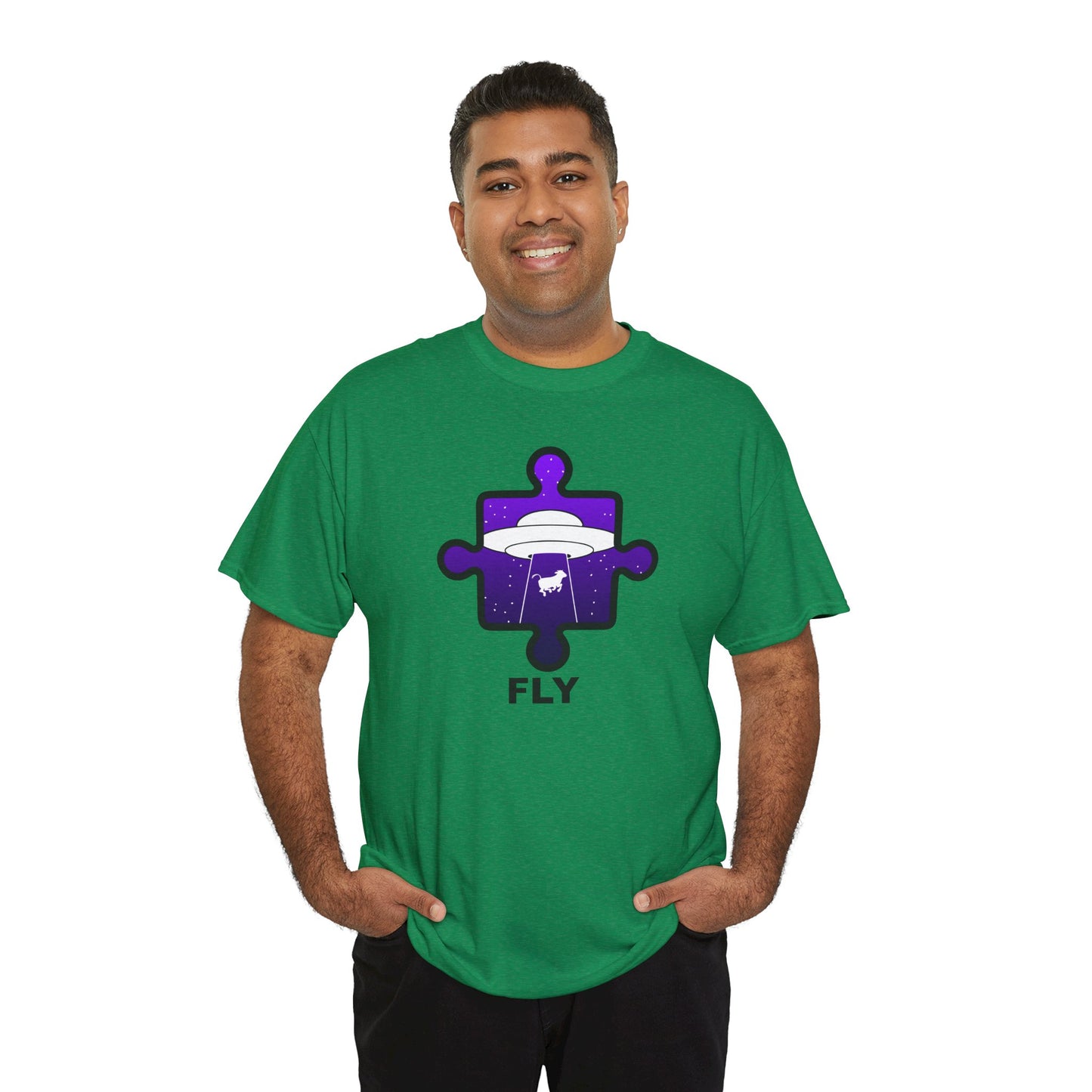 UFO Cow Abduction Puzzle Piece T-Shirt – ‘Fly’ Graphic Tee – Non-Distressed Design