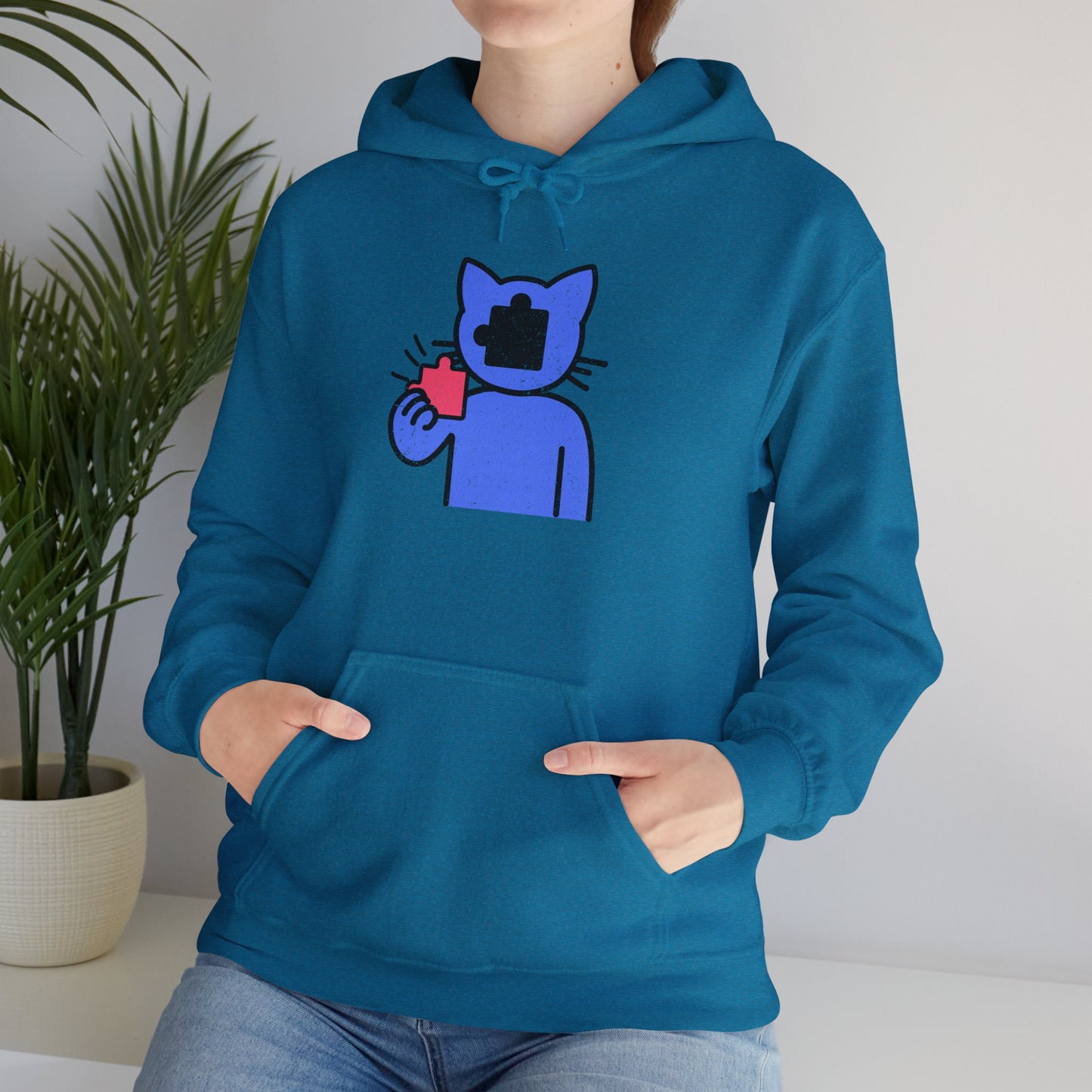 Cat Puzzle Piece Hoodie – Distressed Graphic Pullover – Cozy Unisex Hooded Sweatshirt for Puzzle Lovers