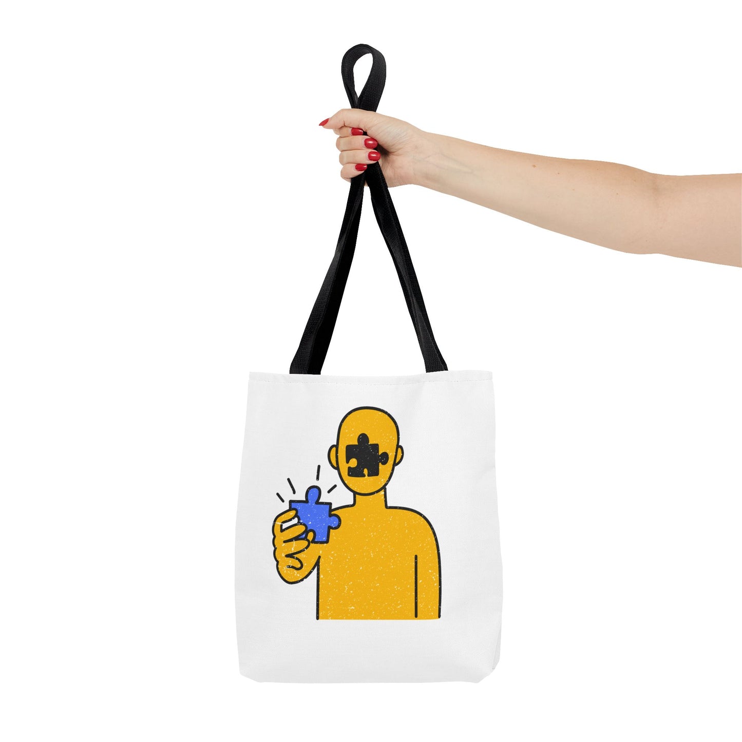 Distressed Tote Bag – Person & Beach Puzzle Piece Design with ‘Peace’ Theme