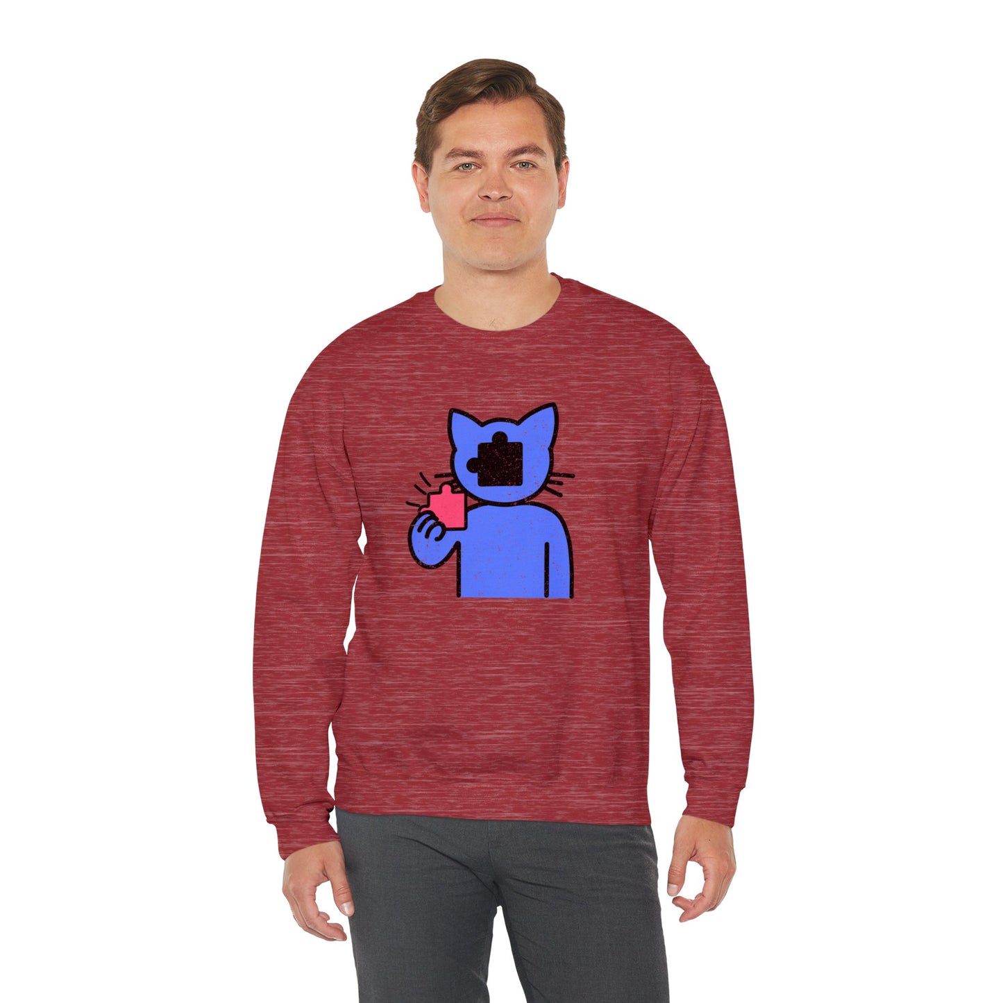 Cat Puzzle Piece Sweatshirt – Distressed Graphic Crewneck – Cozy Unisex Fleece for Life’s Puzzle Lovers