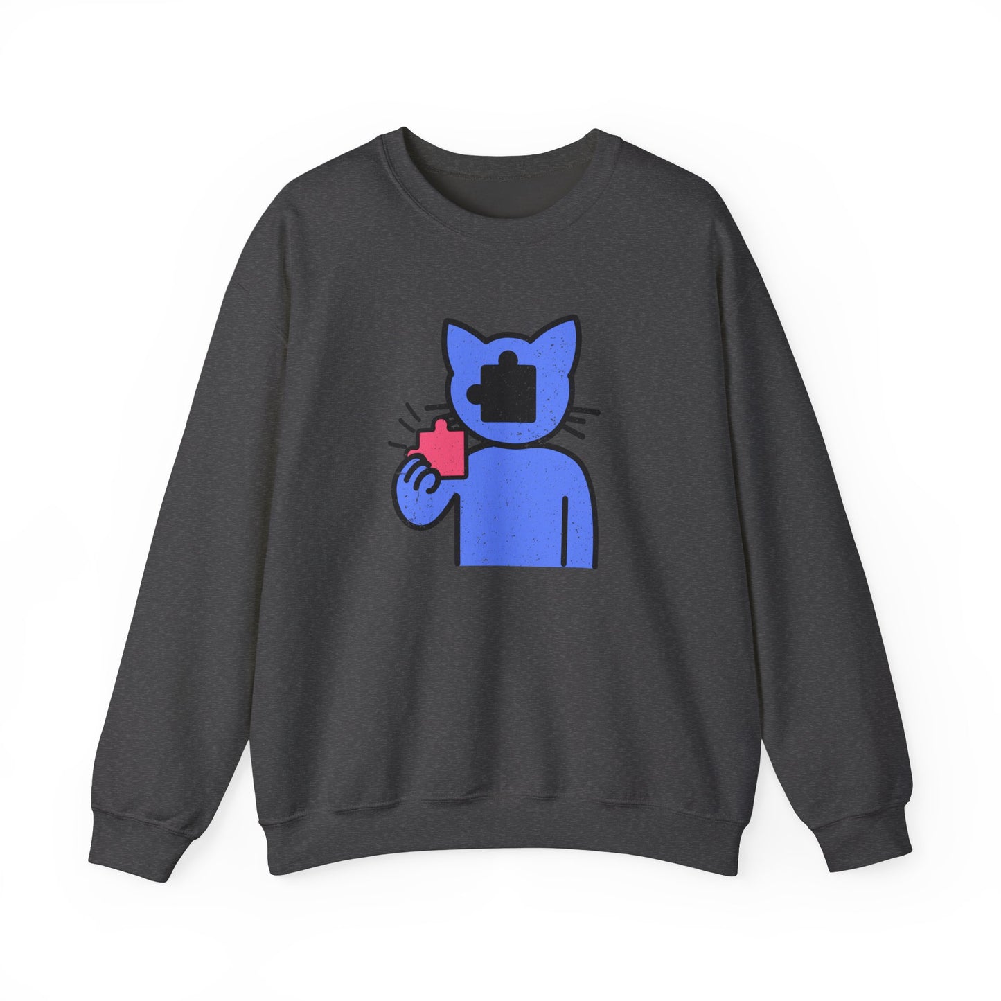 Cat Puzzle Piece Sweatshirt – Distressed Graphic Crewneck – Cozy Unisex Fleece for Life’s Puzzle Lovers