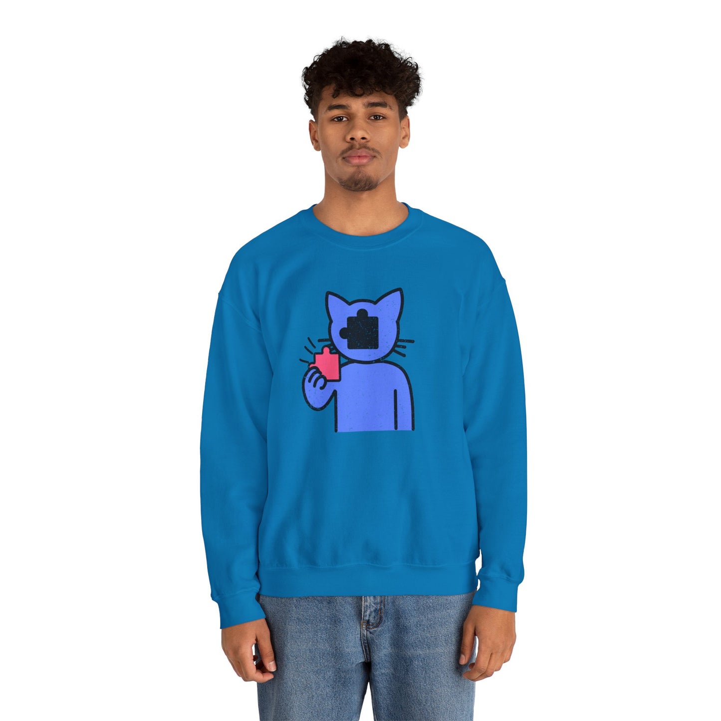 Cat Puzzle Piece Sweatshirt – Distressed Graphic Crewneck – Cozy Unisex Fleece for Life’s Puzzle Lovers