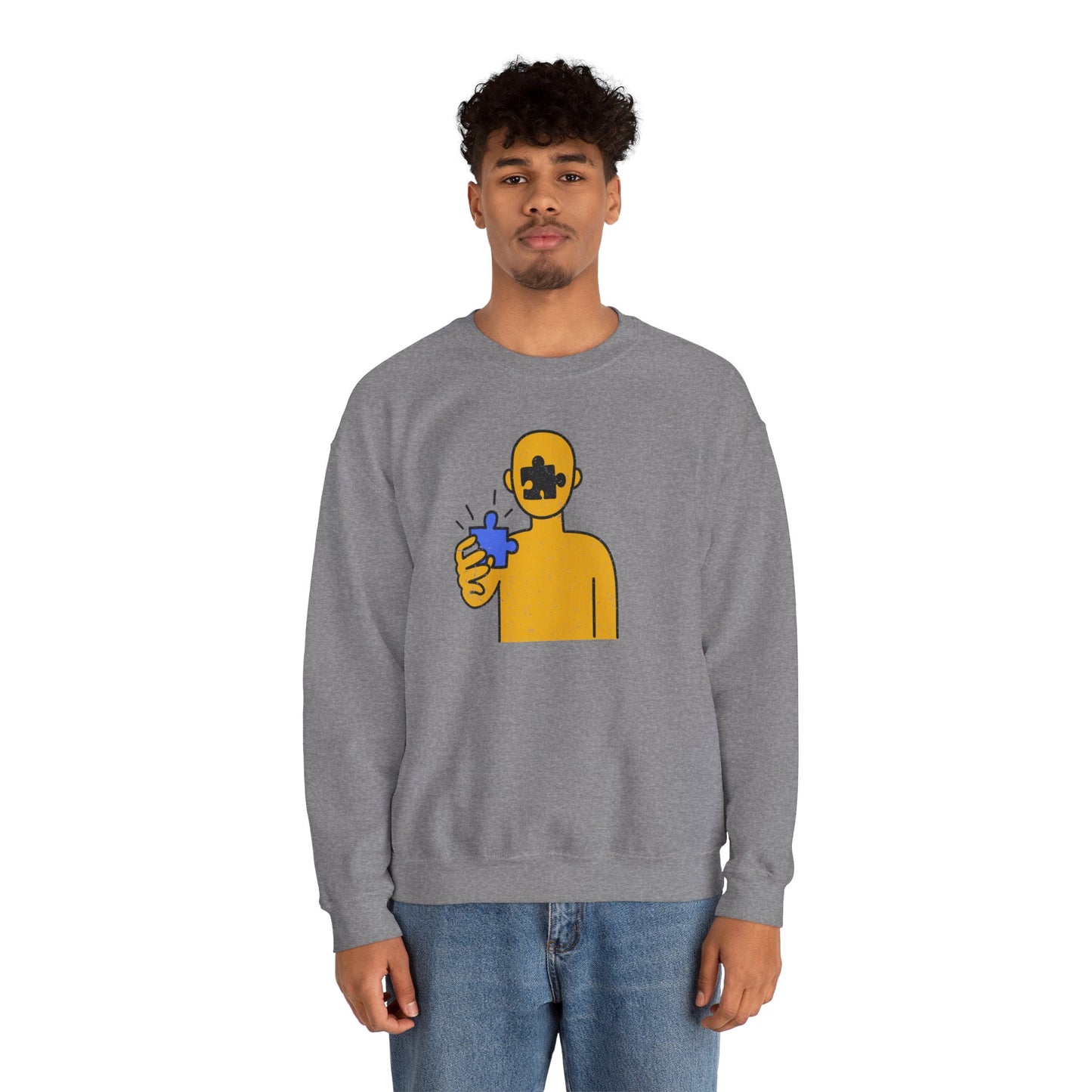 Distressed Crewneck Sweatshirt – Thoughtful Puzzle Piece Design with Human Theme