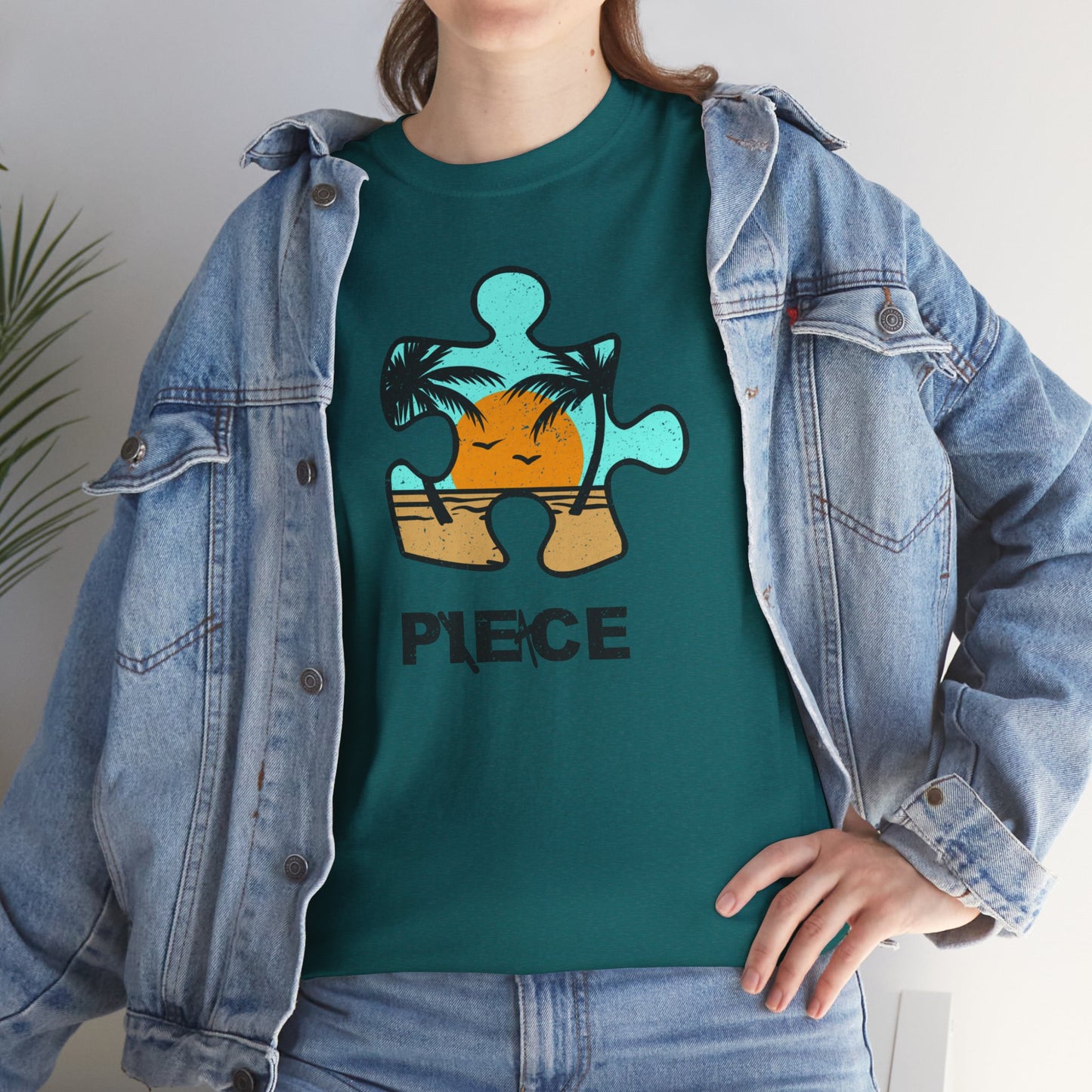 Peace Puzzle Piece T-Shirt – Distressed Beach Graphic Tee – Unisex Heavy Cotton Shirt for Tranquil Vibes
