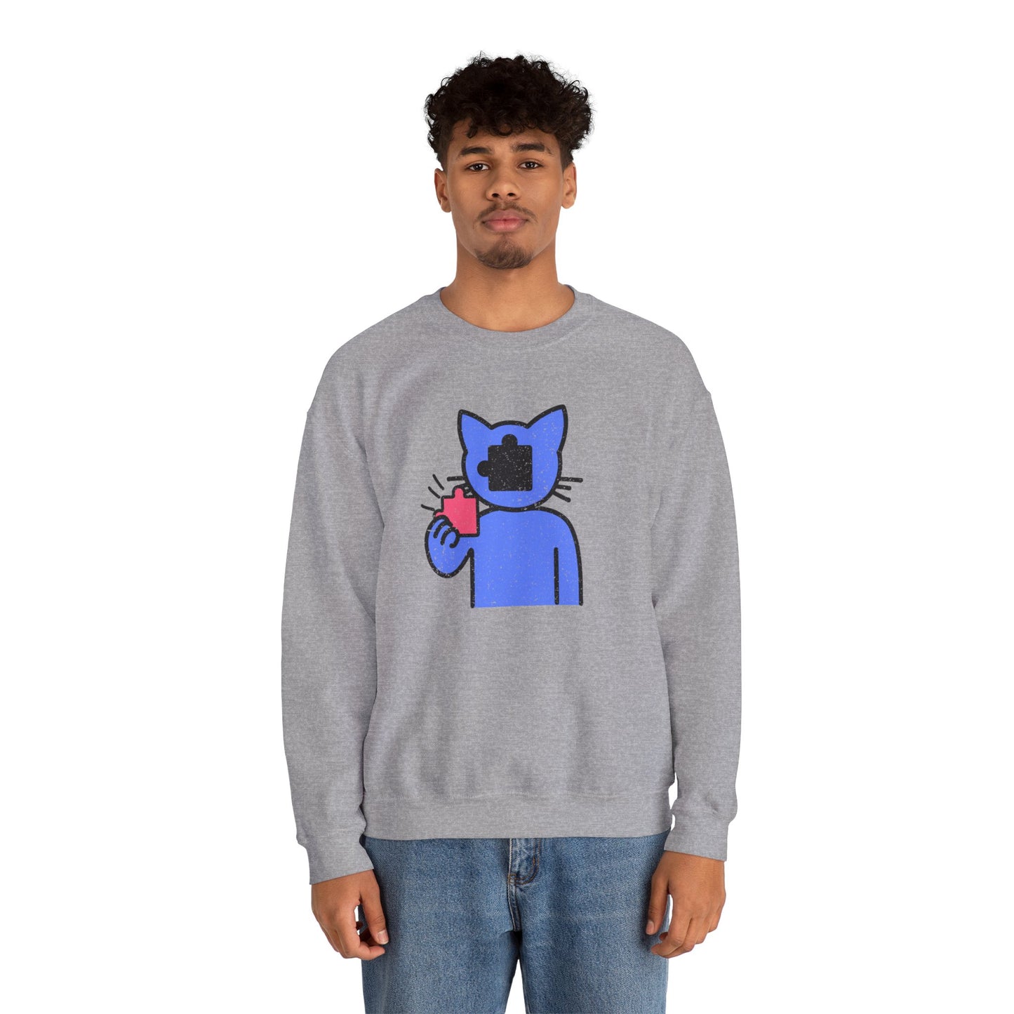 Cat Puzzle Piece Sweatshirt – Distressed Graphic Crewneck – Cozy Unisex Fleece for Life’s Puzzle Lovers