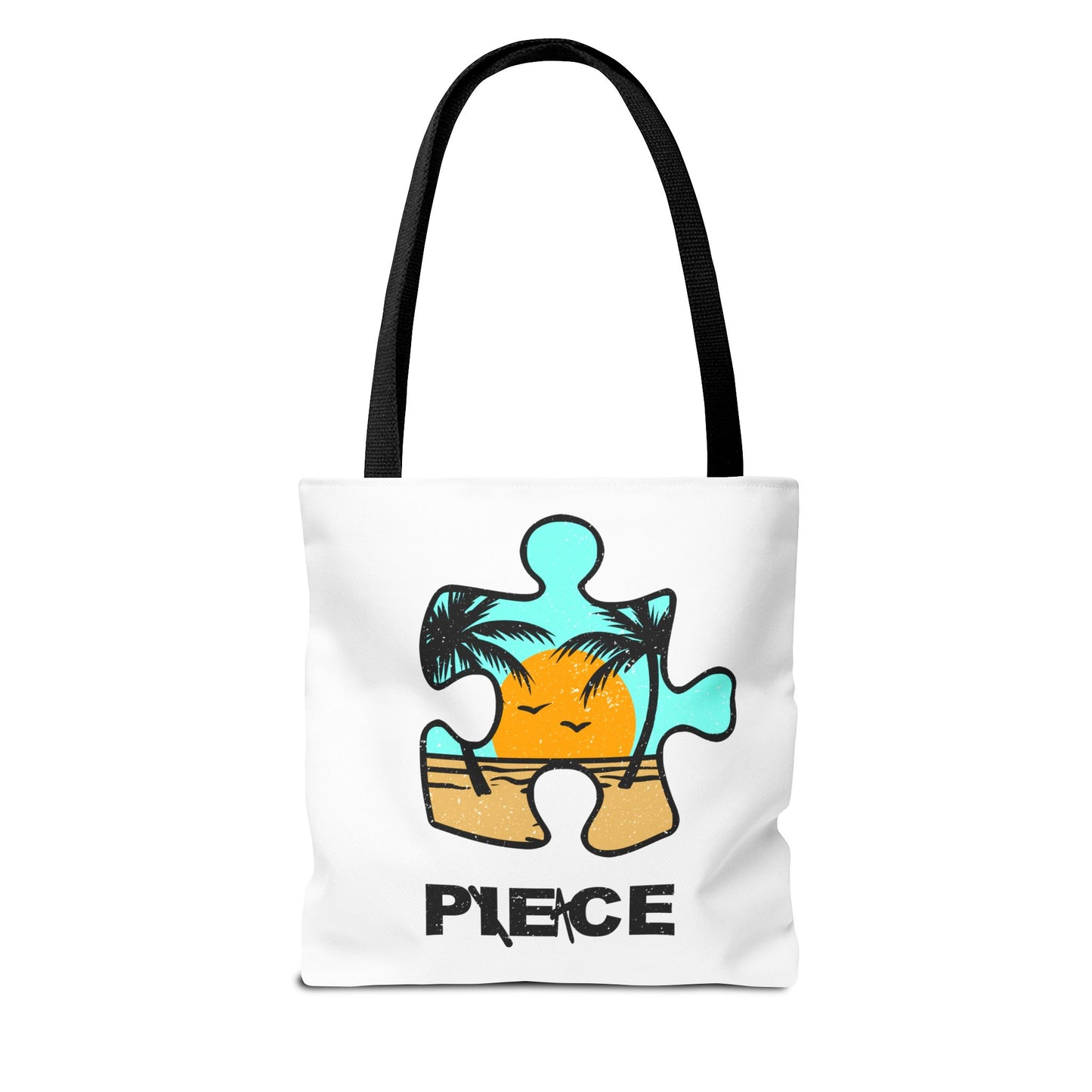 Distressed Tote Bag – Person & Beach Puzzle Piece Design with ‘Peace’ Theme