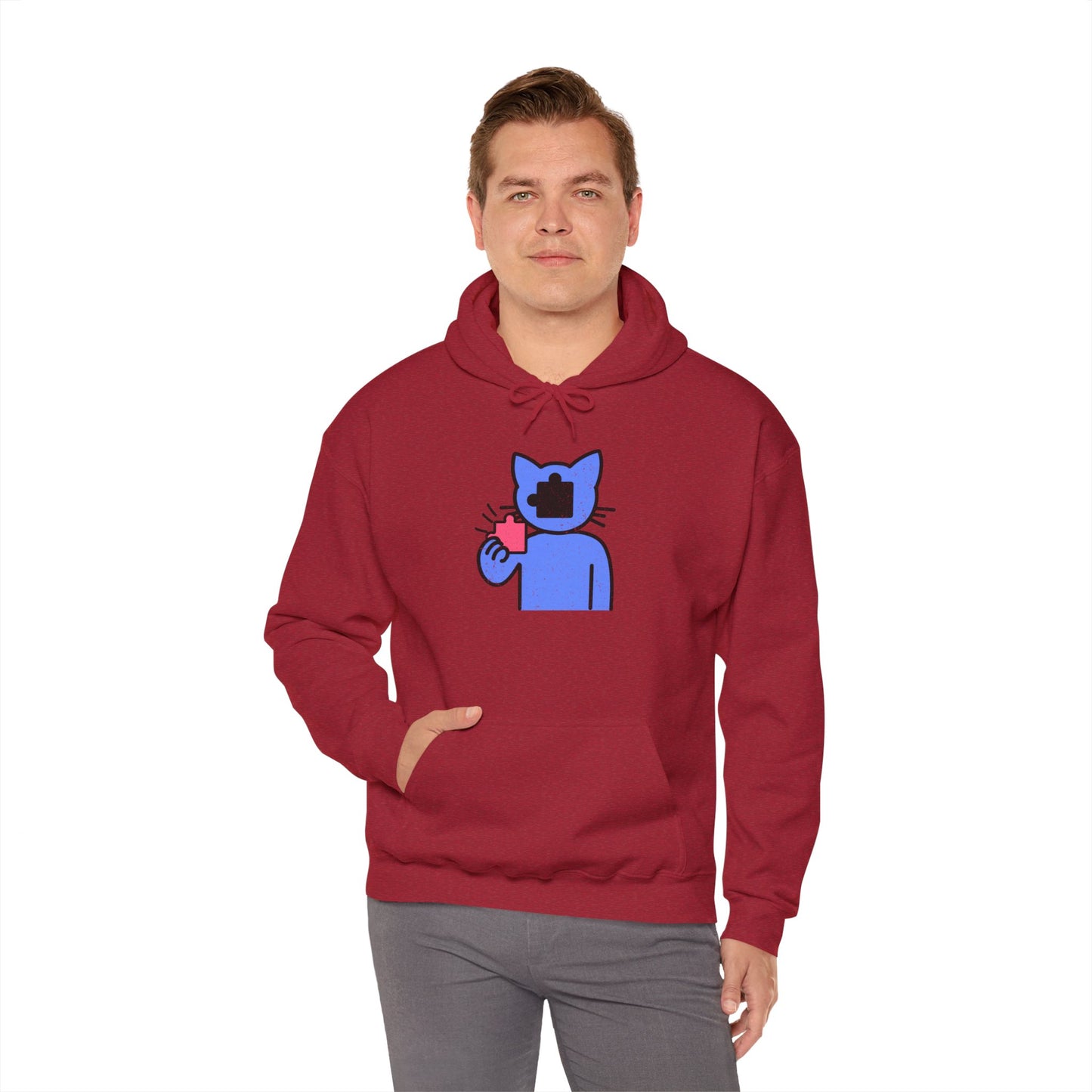 Cat Puzzle Piece Hoodie – Distressed Graphic Pullover – Cozy Unisex Hooded Sweatshirt for Puzzle Lovers