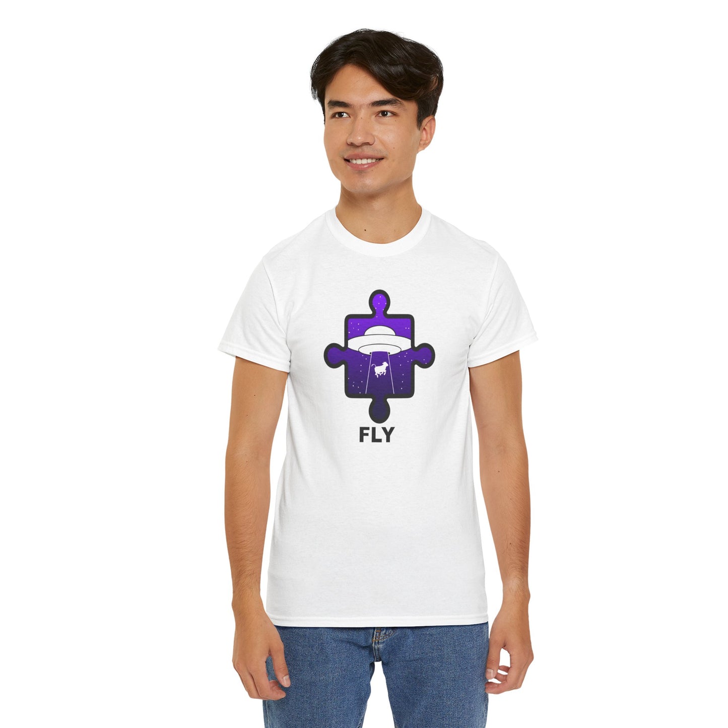 UFO Cow Abduction Puzzle Piece T-Shirt – ‘Fly’ Graphic Tee – Non-Distressed Design