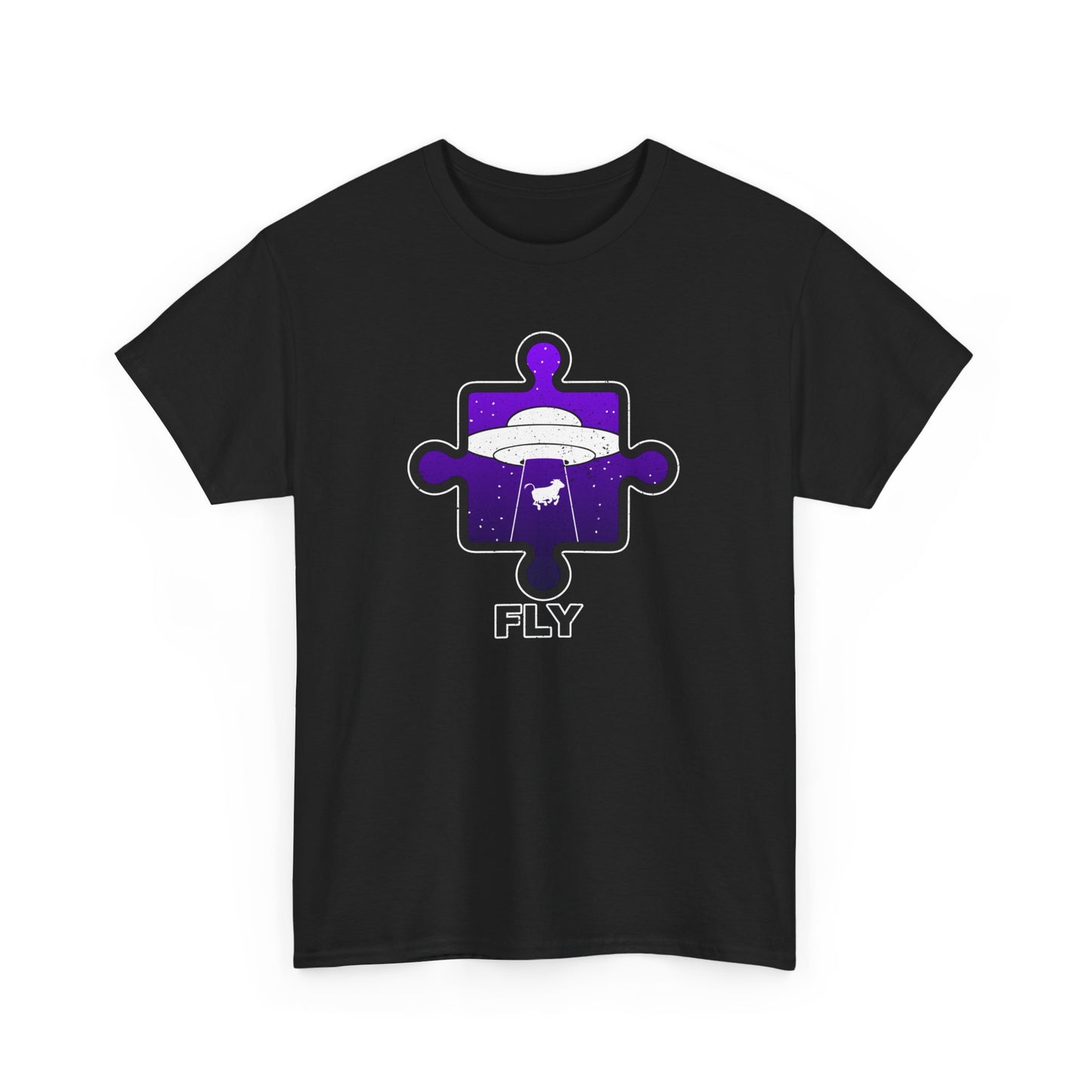 UFO Cow Abduction T-Shirt – ‘Fly’ Puzzle Piece Graphic Tee – Unisex Heavy Cotton Shirt Distressed Design