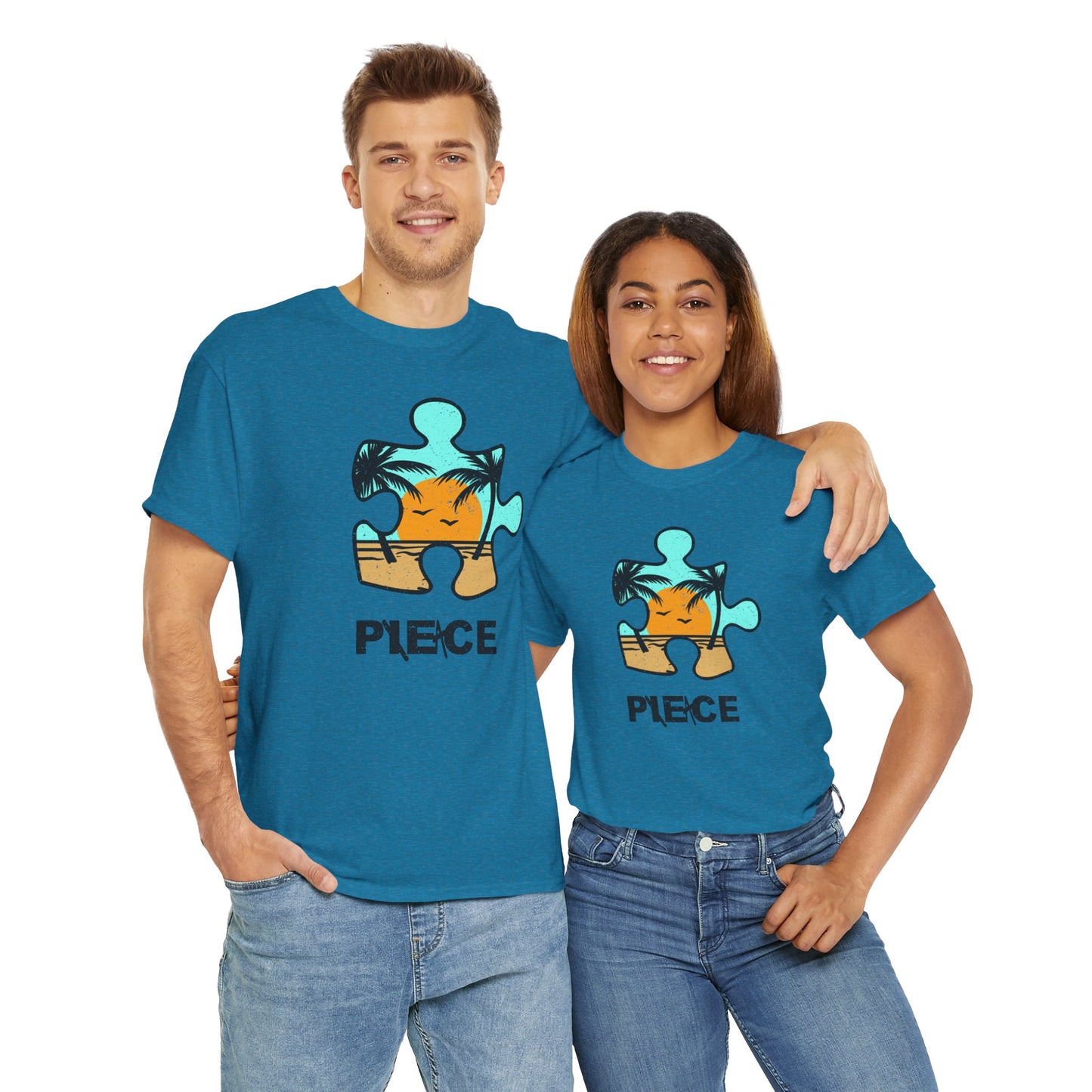 Peace Puzzle Piece T-Shirt – Distressed Beach Graphic Tee – Unisex Heavy Cotton Shirt for Tranquil Vibes