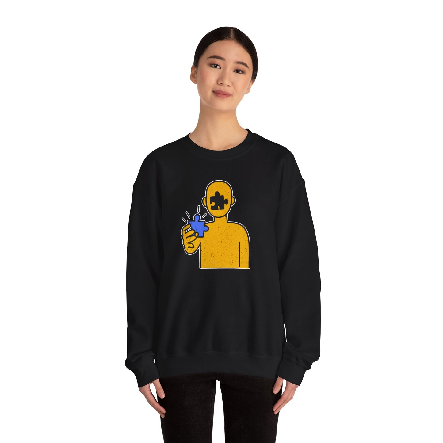 Distressed Crewneck Sweatshirt – Thoughtful Puzzle Piece Design with Human Theme