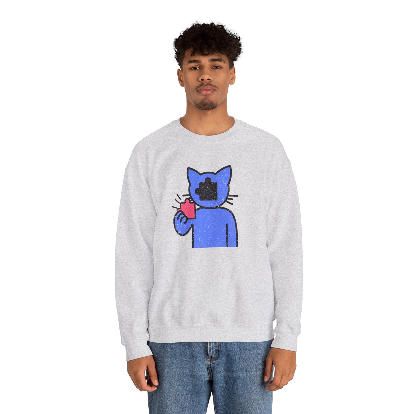 Cat Puzzle Piece Sweatshirt – Distressed Graphic Crewneck – Cozy Unisex Fleece for Life’s Puzzle Lovers