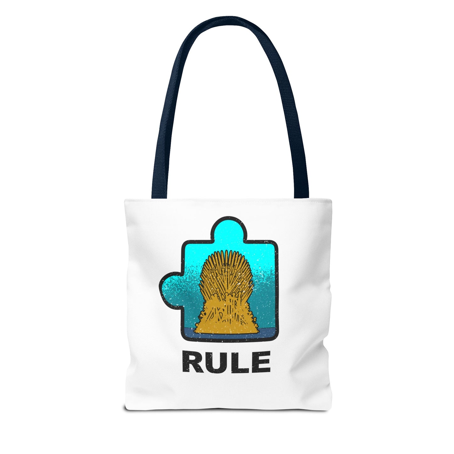 Distressed Tote Bag – Cat Puzzle Piece & Throne Design with ‘Rule’ Theme