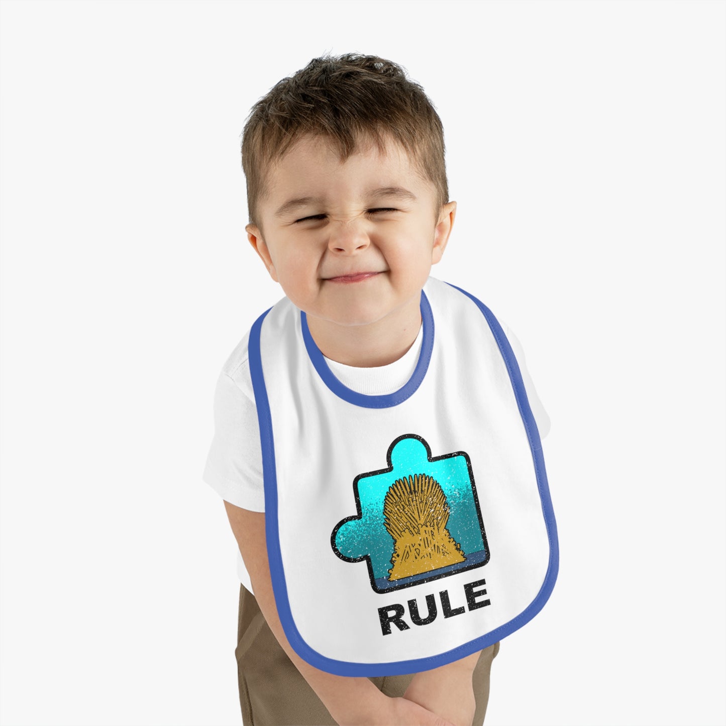 Rule Baby Bib – Puzzle Piece Design with Distressed Look – Soft Contrast Trim Jersey Bib