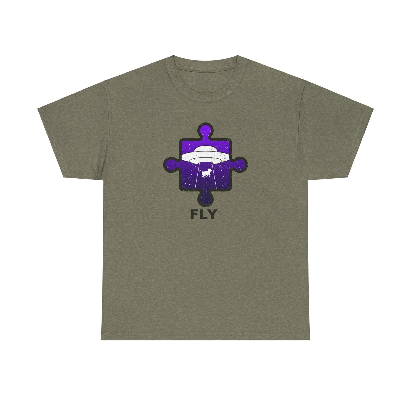 UFO Cow Abduction T-Shirt – ‘Fly’ Puzzle Piece Graphic Tee – Unisex Heavy Cotton Shirt Distressed Design
