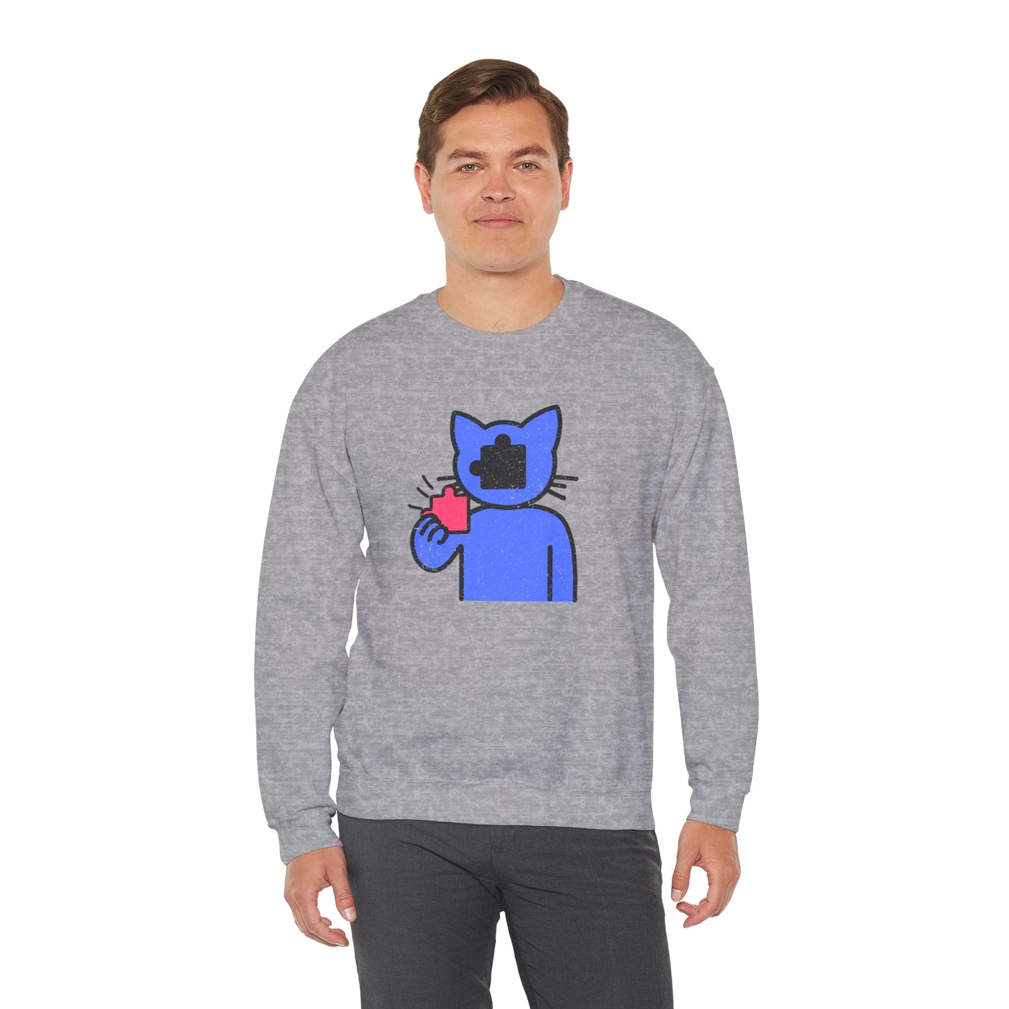 Cat Puzzle Piece Sweatshirt – Distressed Graphic Crewneck – Cozy Unisex Fleece for Life’s Puzzle Lovers