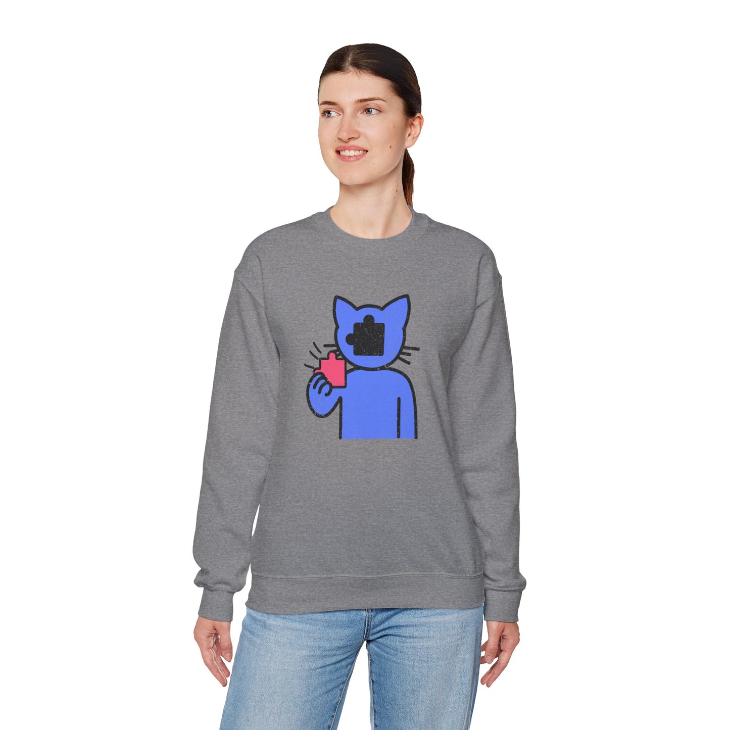 Cat Puzzle Piece Sweatshirt – Distressed Graphic Crewneck – Cozy Unisex Fleece for Life’s Puzzle Lovers