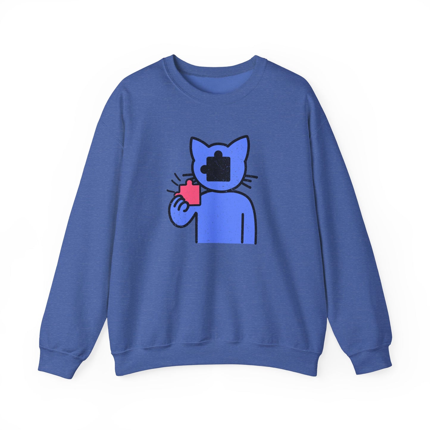 Cat Puzzle Piece Sweatshirt – Distressed Graphic Crewneck – Cozy Unisex Fleece for Life’s Puzzle Lovers