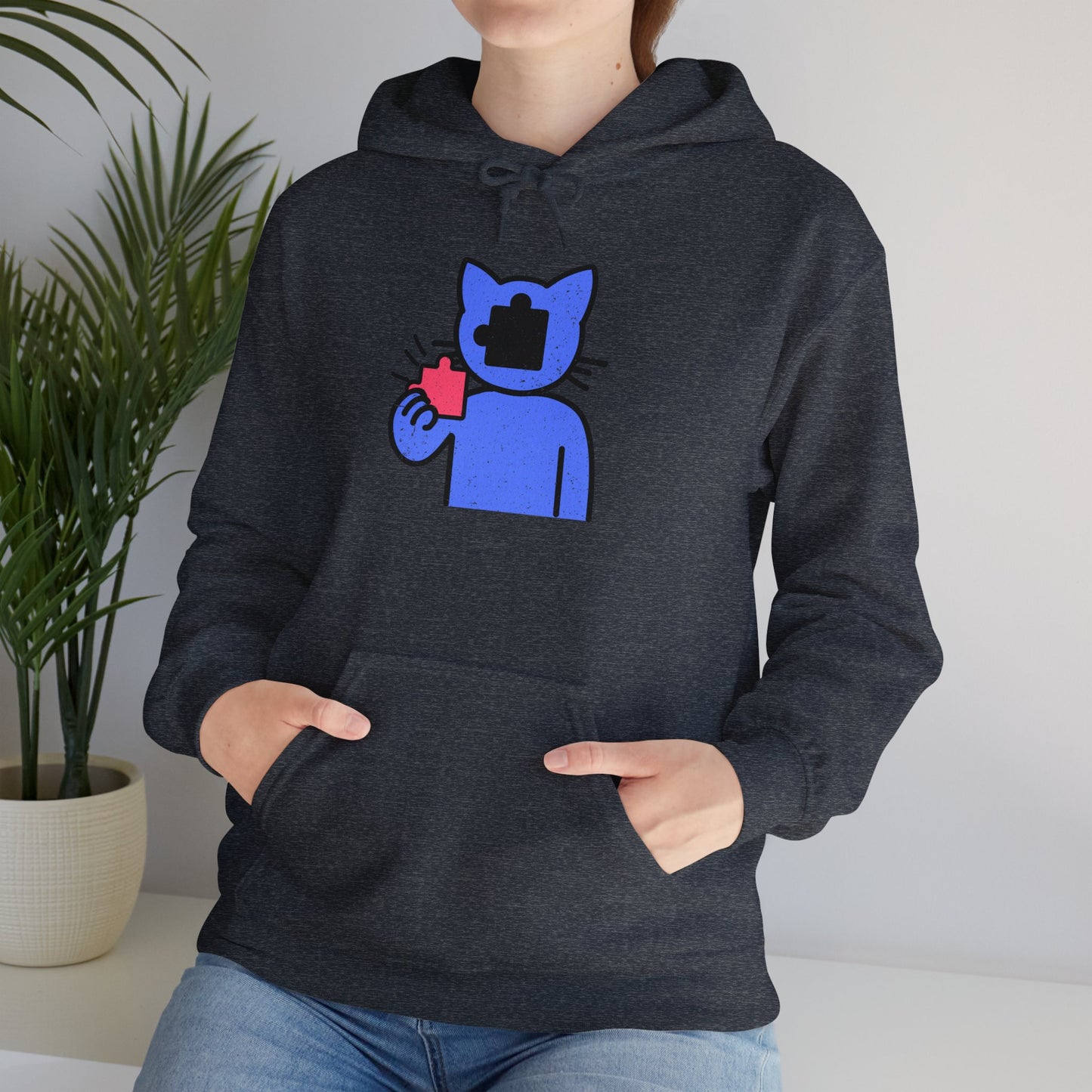 Cat Puzzle Piece Hoodie – Distressed Graphic Pullover – Cozy Unisex Hooded Sweatshirt for Puzzle Lovers