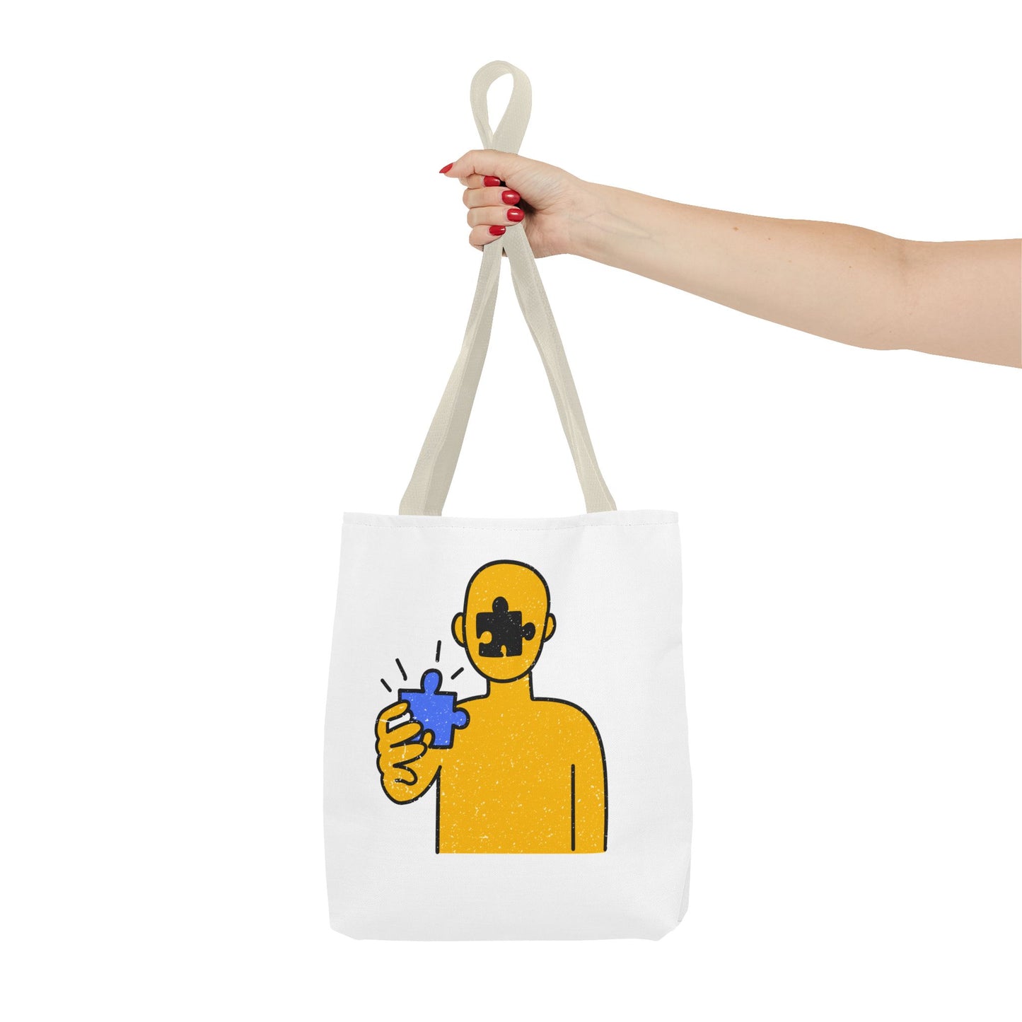 Distressed Tote Bag – Person & Beach Puzzle Piece Design with ‘Peace’ Theme