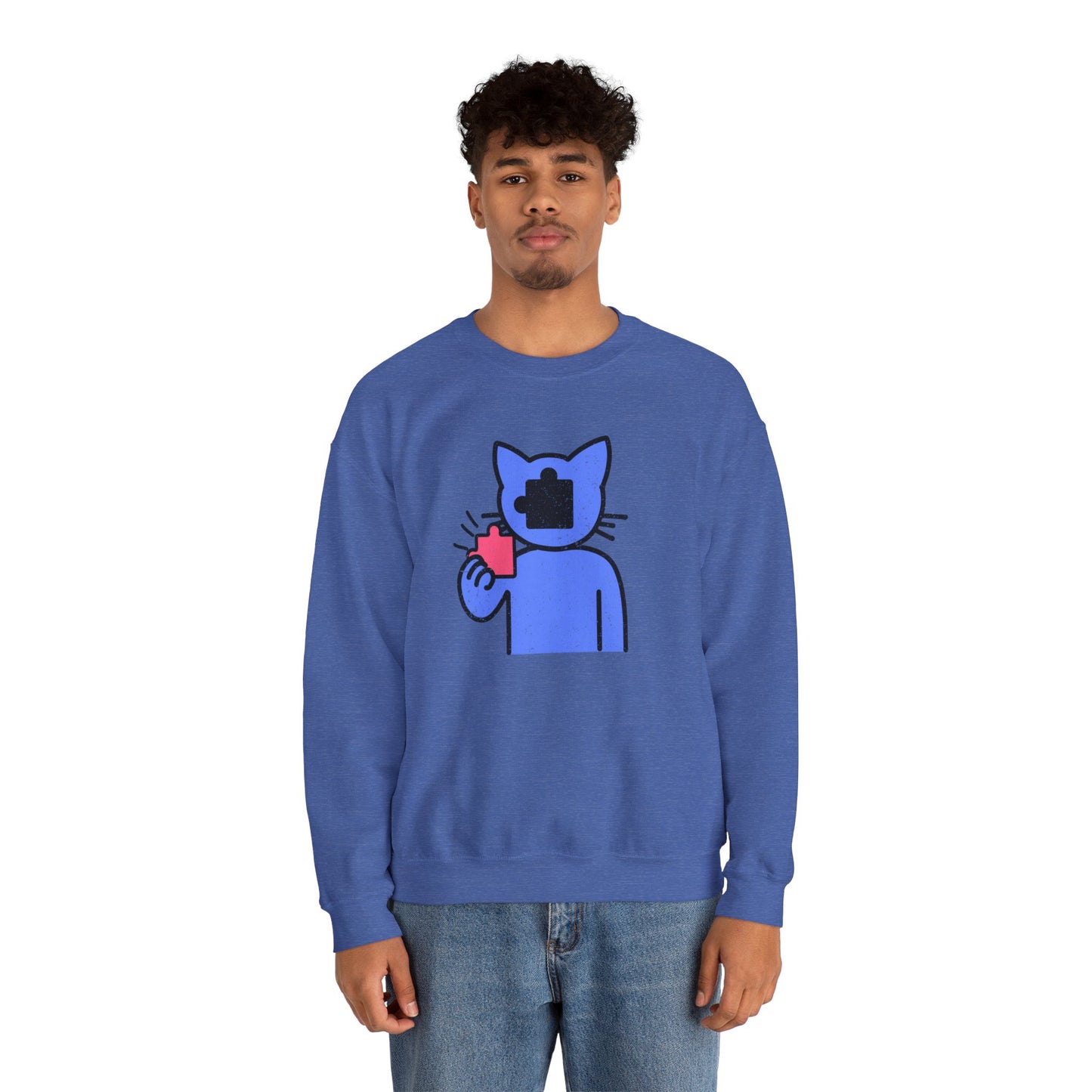 Cat Puzzle Piece Sweatshirt – Distressed Graphic Crewneck – Cozy Unisex Fleece for Life’s Puzzle Lovers