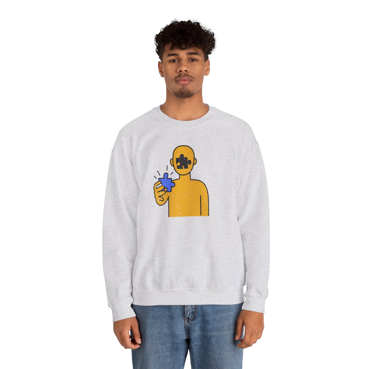 Distressed Crewneck Sweatshirt – Thoughtful Puzzle Piece Design with Human Theme