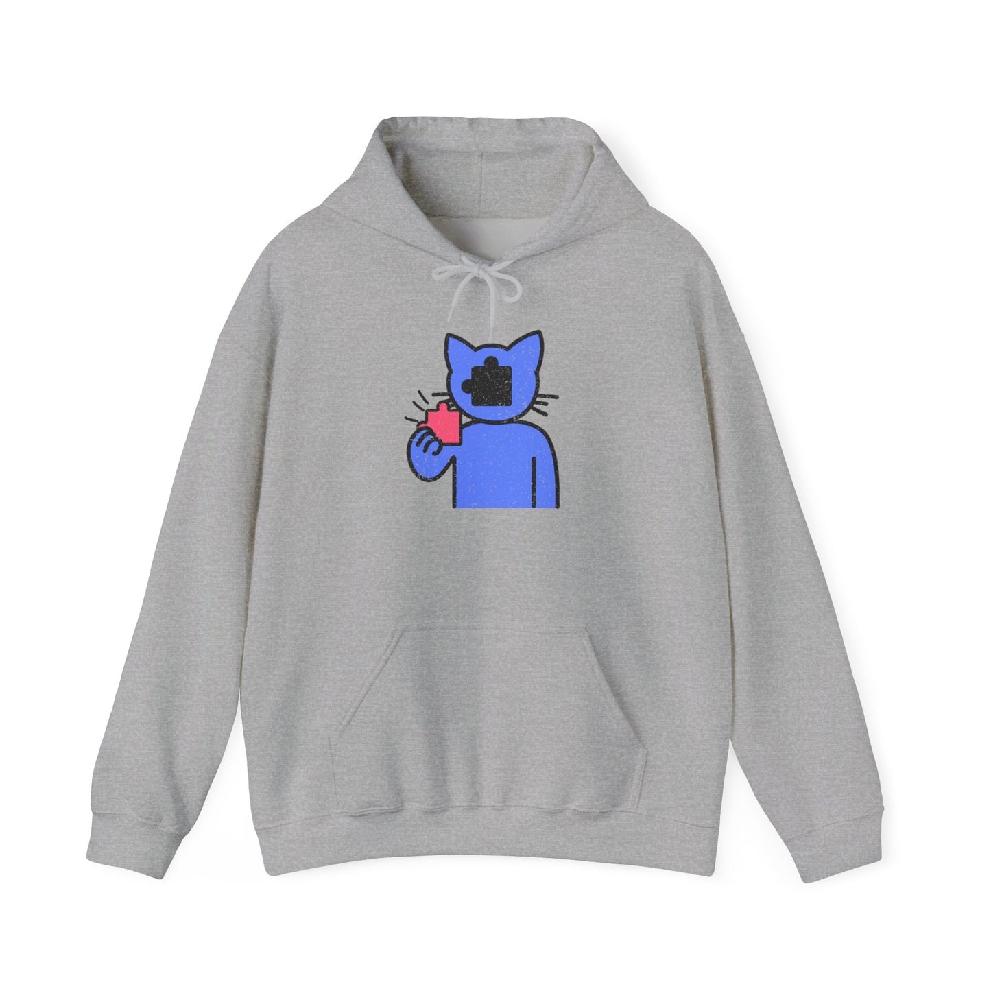 Cat Puzzle Piece Hoodie – Distressed Graphic Pullover – Cozy Unisex Hooded Sweatshirt for Puzzle Lovers