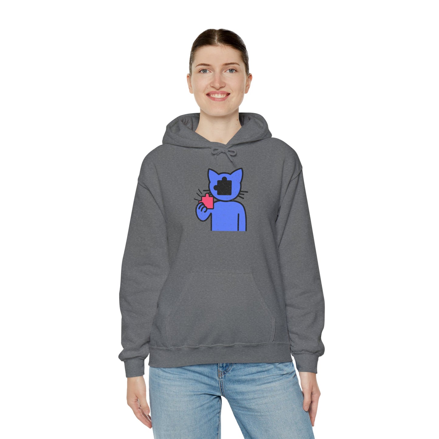 Cat Puzzle Piece Hoodie – Distressed Graphic Pullover – Cozy Unisex Hooded Sweatshirt for Puzzle Lovers