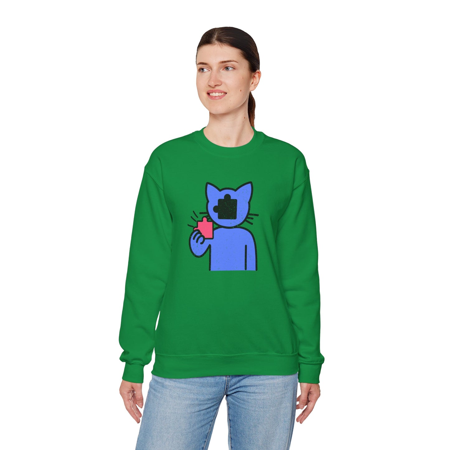 Cat Puzzle Piece Sweatshirt – Distressed Graphic Crewneck – Cozy Unisex Fleece for Life’s Puzzle Lovers