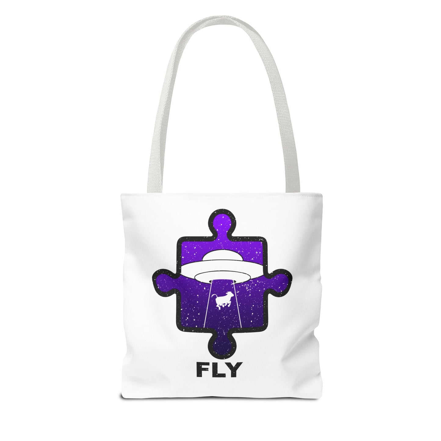 Distressed Tote Bag – Alien Puzzle Piece & Cow Abduction Design with ‘Fly’ Theme