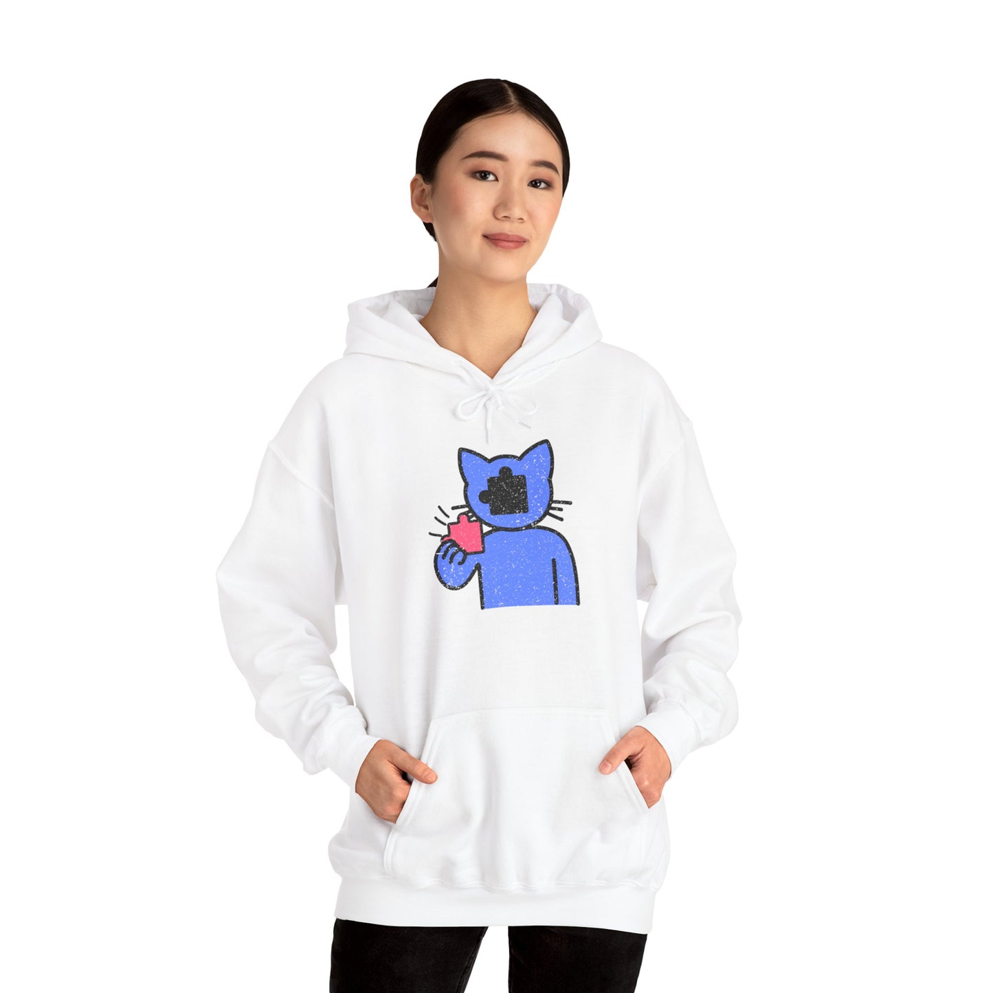 Cat Puzzle Piece Hoodie – Distressed Graphic Pullover – Cozy Unisex Hooded Sweatshirt for Puzzle Lovers