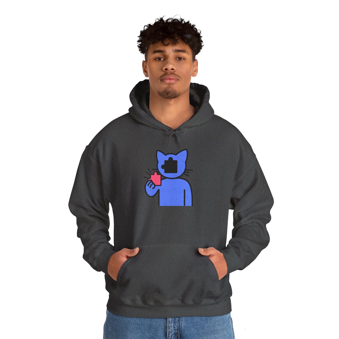 Cat Puzzle Piece Hoodie – Distressed Graphic Pullover – Cozy Unisex Hooded Sweatshirt for Puzzle Lovers