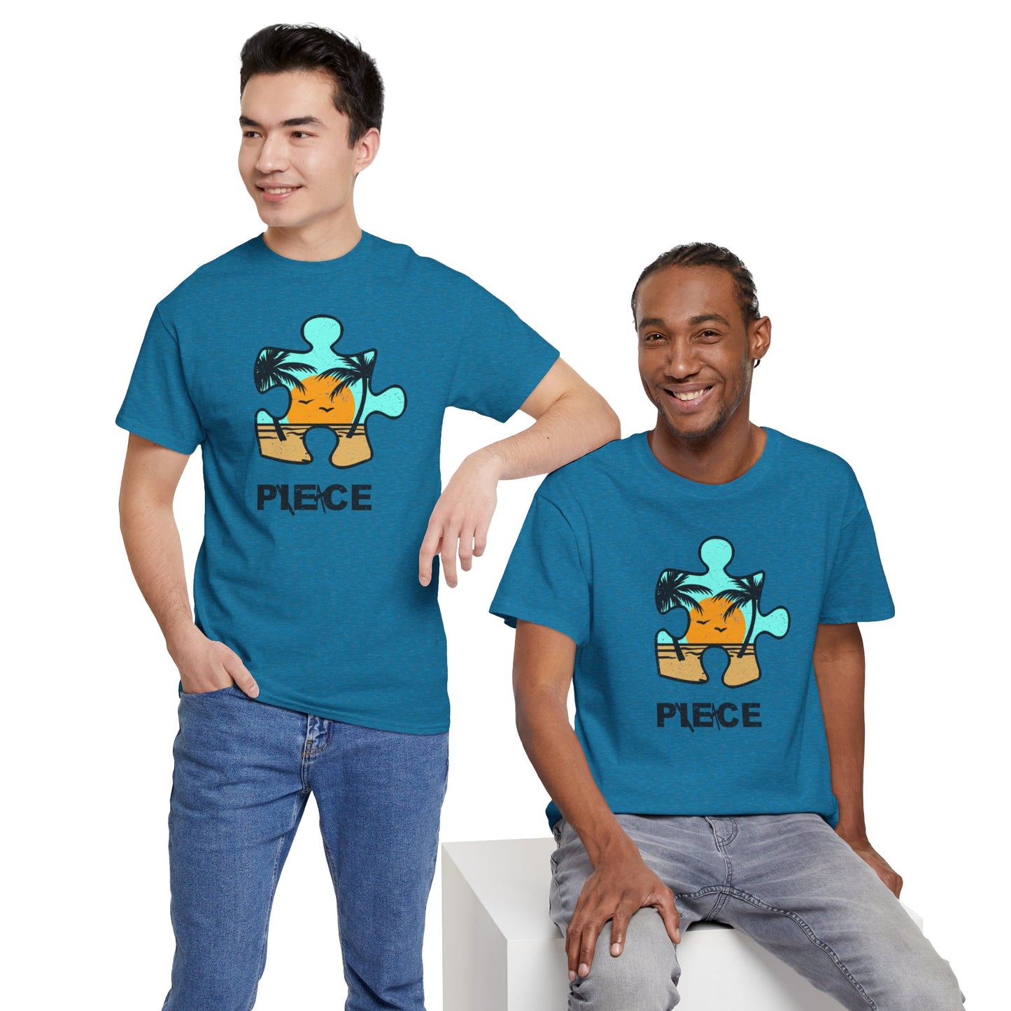 Peace Puzzle Piece T-Shirt – Distressed Beach Graphic Tee – Unisex Heavy Cotton Shirt for Tranquil Vibes