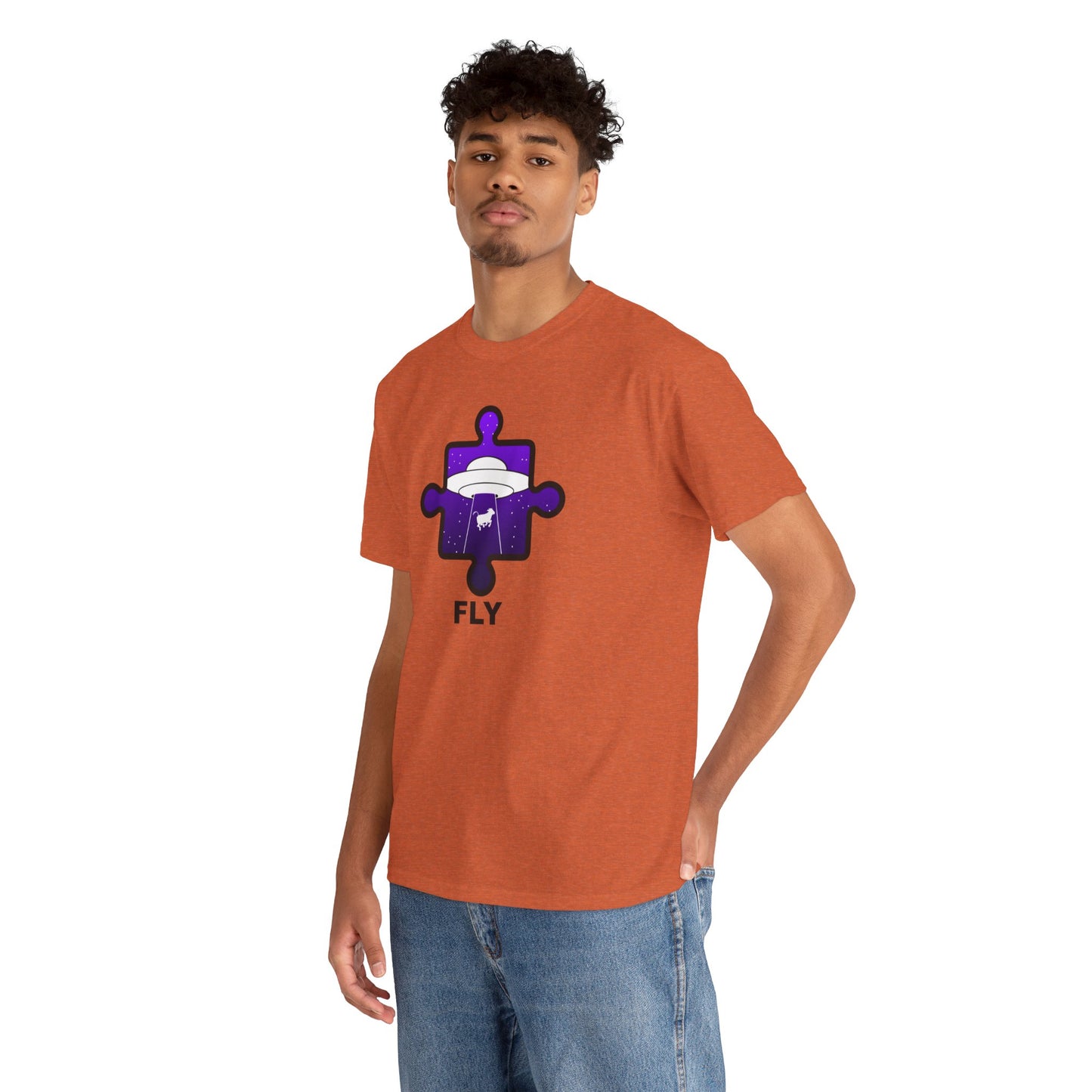 UFO Cow Abduction Puzzle Piece T-Shirt – ‘Fly’ Graphic Tee – Non-Distressed Design