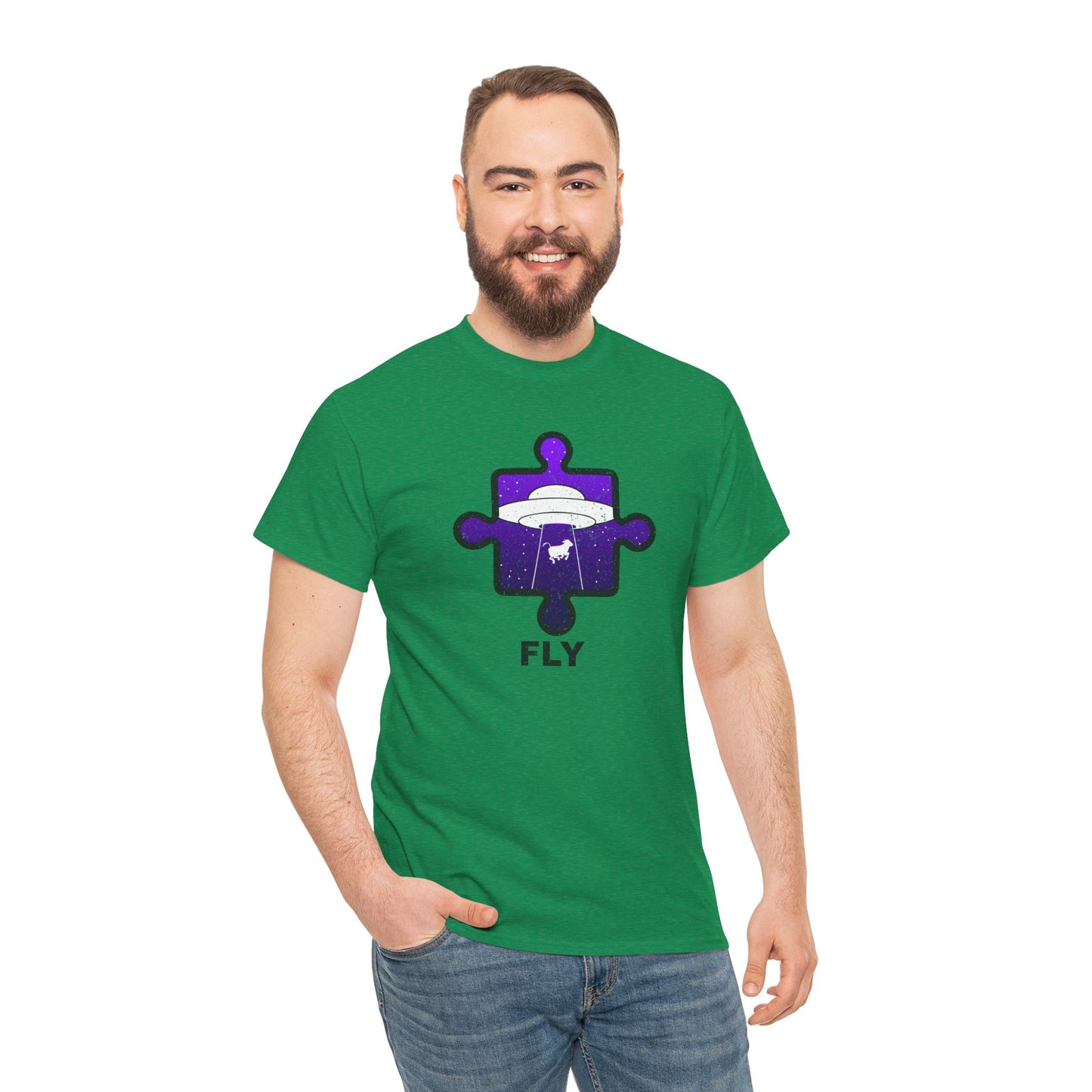 UFO Cow Abduction T-Shirt – ‘Fly’ Puzzle Piece Graphic Tee – Unisex Heavy Cotton Shirt Distressed Design