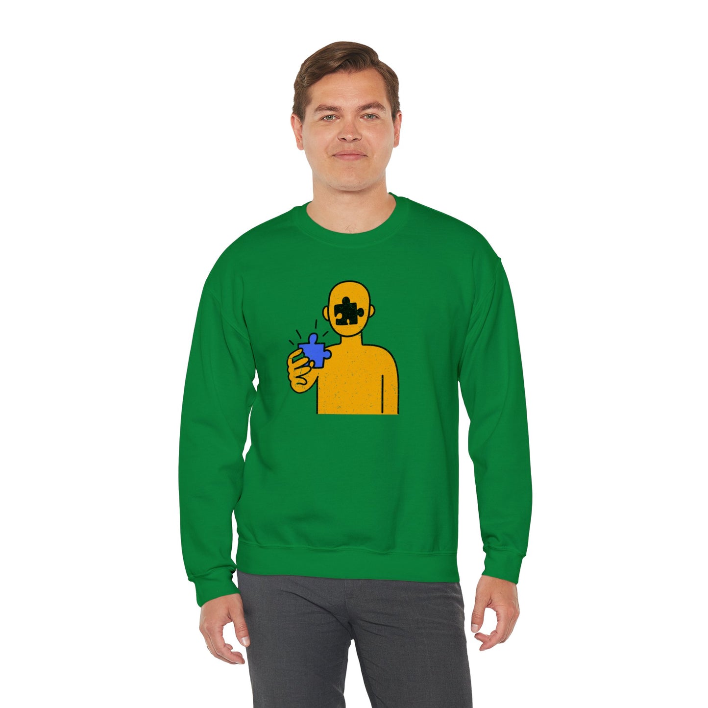 Distressed Crewneck Sweatshirt – Thoughtful Puzzle Piece Design with Human Theme