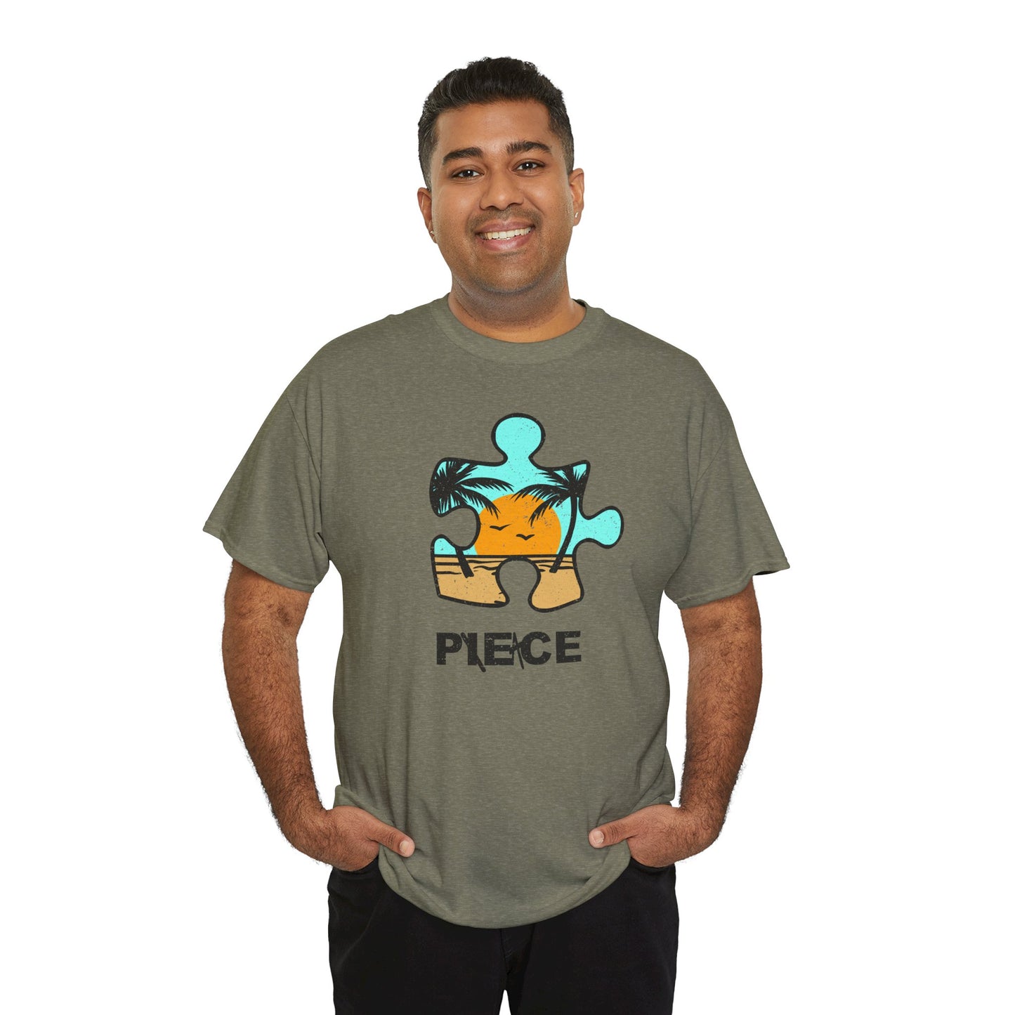 Peace Puzzle Piece T-Shirt – Distressed Beach Graphic Tee – Unisex Heavy Cotton Shirt for Tranquil Vibes