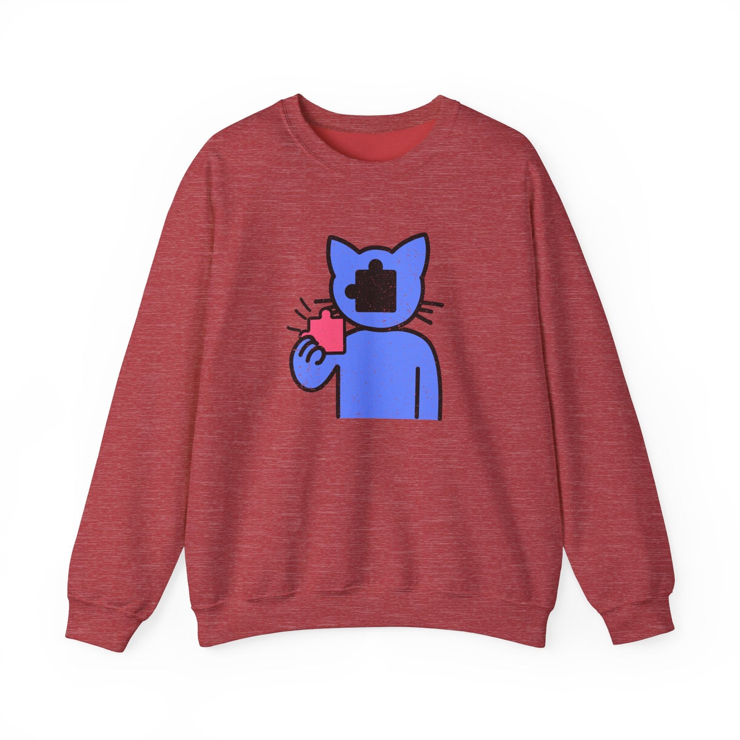 Cat Puzzle Piece Sweatshirt – Distressed Graphic Crewneck – Cozy Unisex Fleece for Life’s Puzzle Lovers