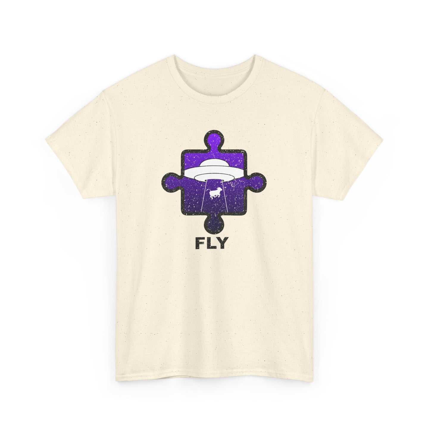 UFO Cow Abduction T-Shirt – ‘Fly’ Puzzle Piece Graphic Tee – Unisex Heavy Cotton Shirt Distressed Design