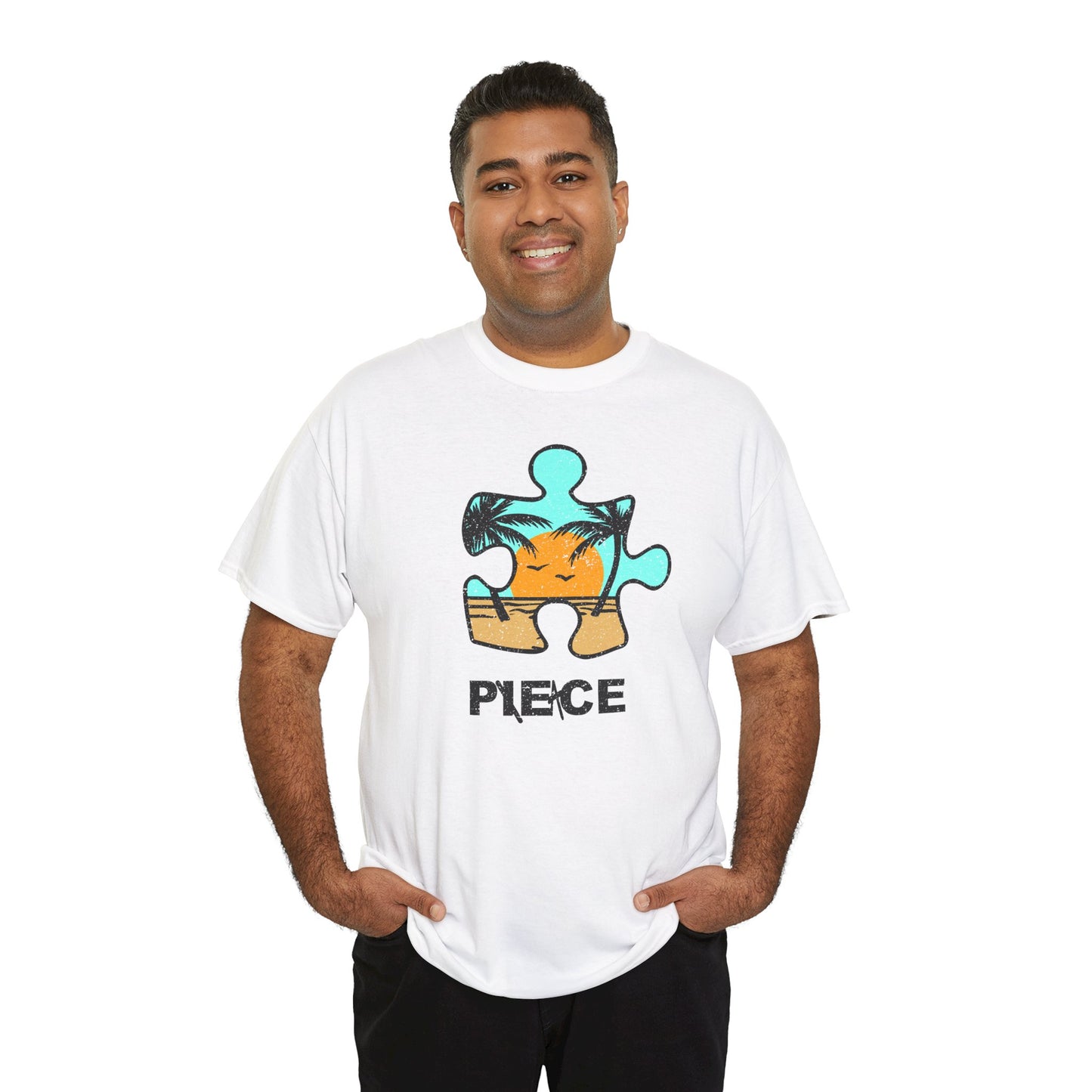 Peace Puzzle Piece T-Shirt – Distressed Beach Graphic Tee – Unisex Heavy Cotton Shirt for Tranquil Vibes