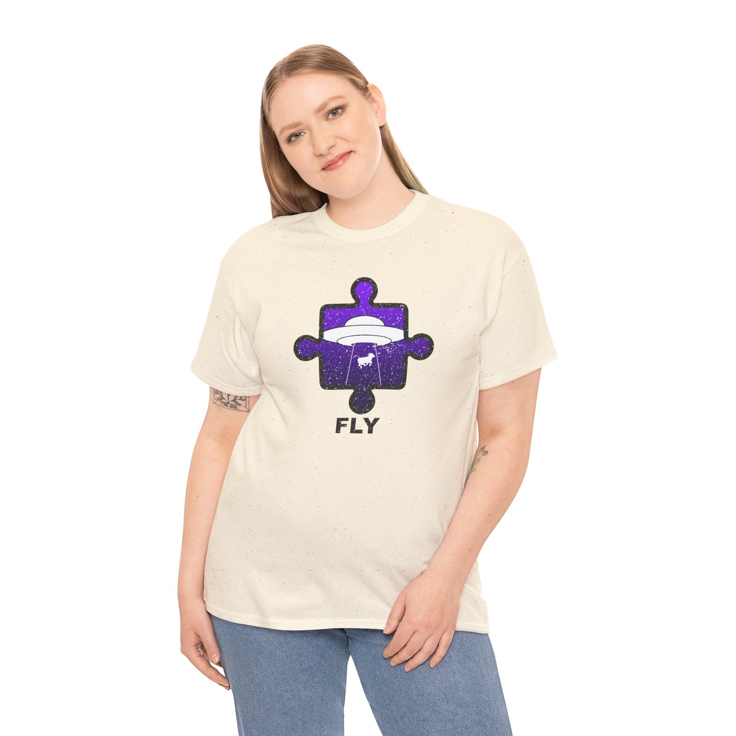 UFO Cow Abduction T-Shirt – ‘Fly’ Puzzle Piece Graphic Tee – Unisex Heavy Cotton Shirt Distressed Design