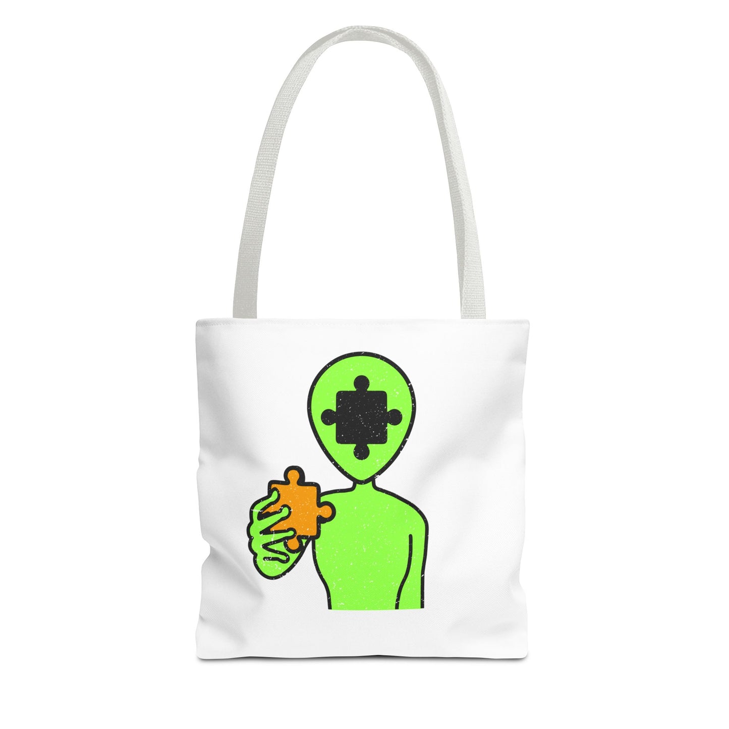 Distressed Tote Bag – Alien Puzzle Piece & Cow Abduction Design with ‘Fly’ Theme