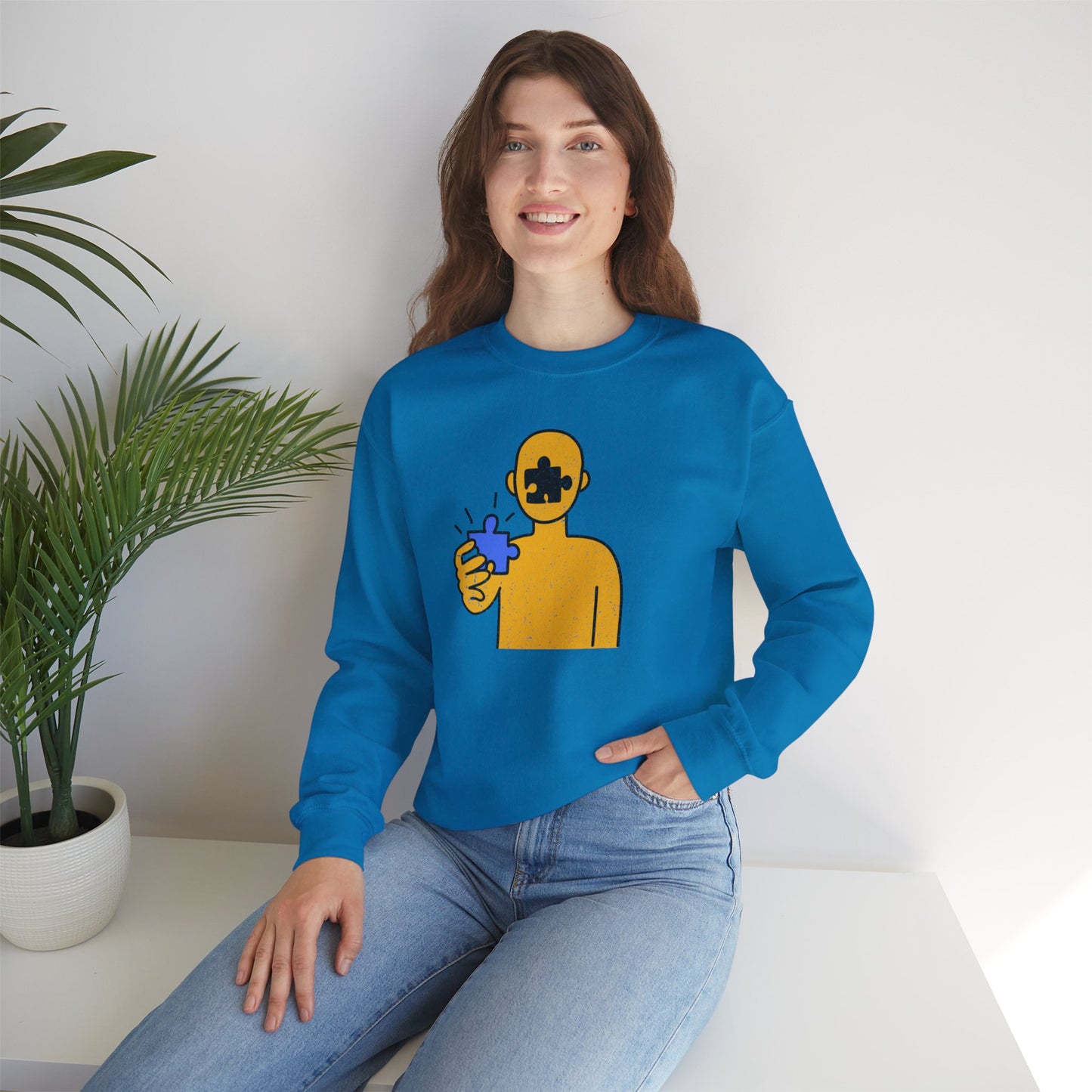 Distressed Crewneck Sweatshirt – Thoughtful Puzzle Piece Design with Human Theme