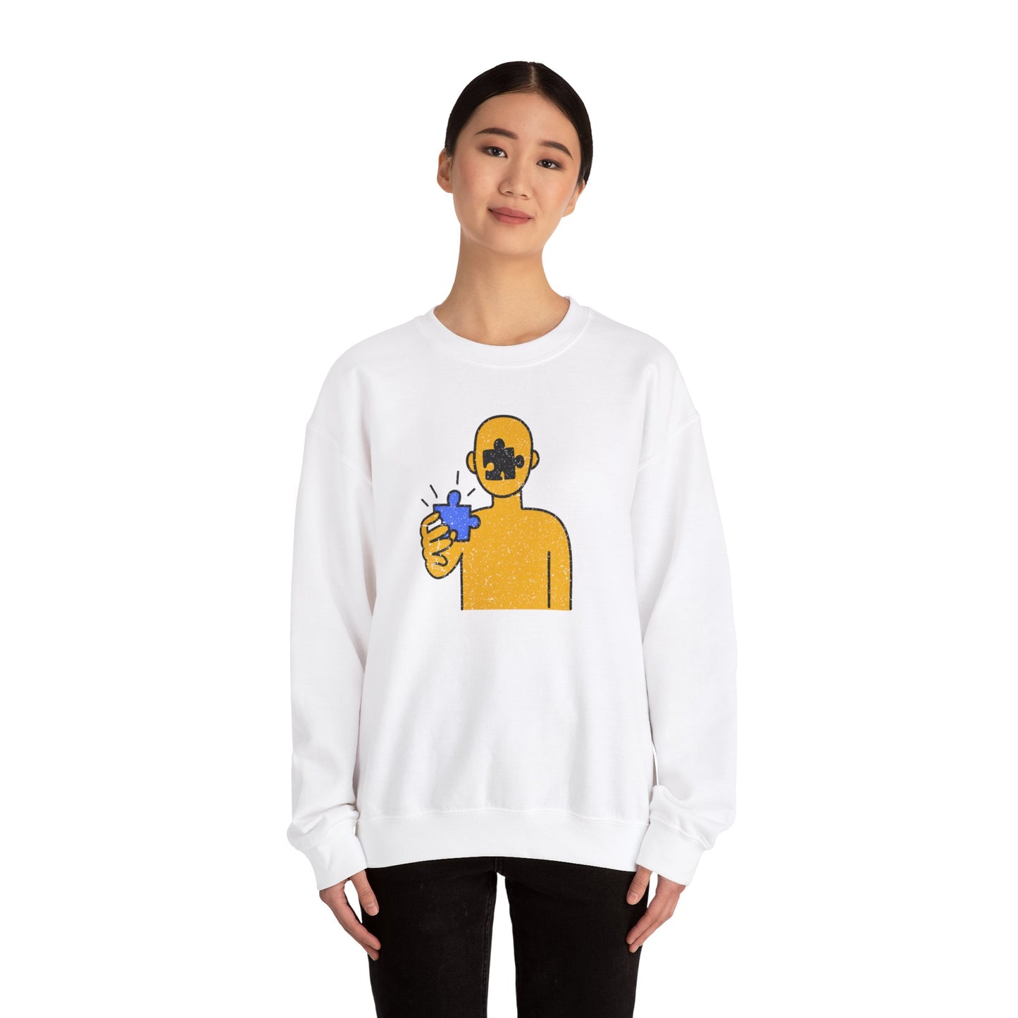 Distressed Crewneck Sweatshirt – Thoughtful Puzzle Piece Design with Human Theme