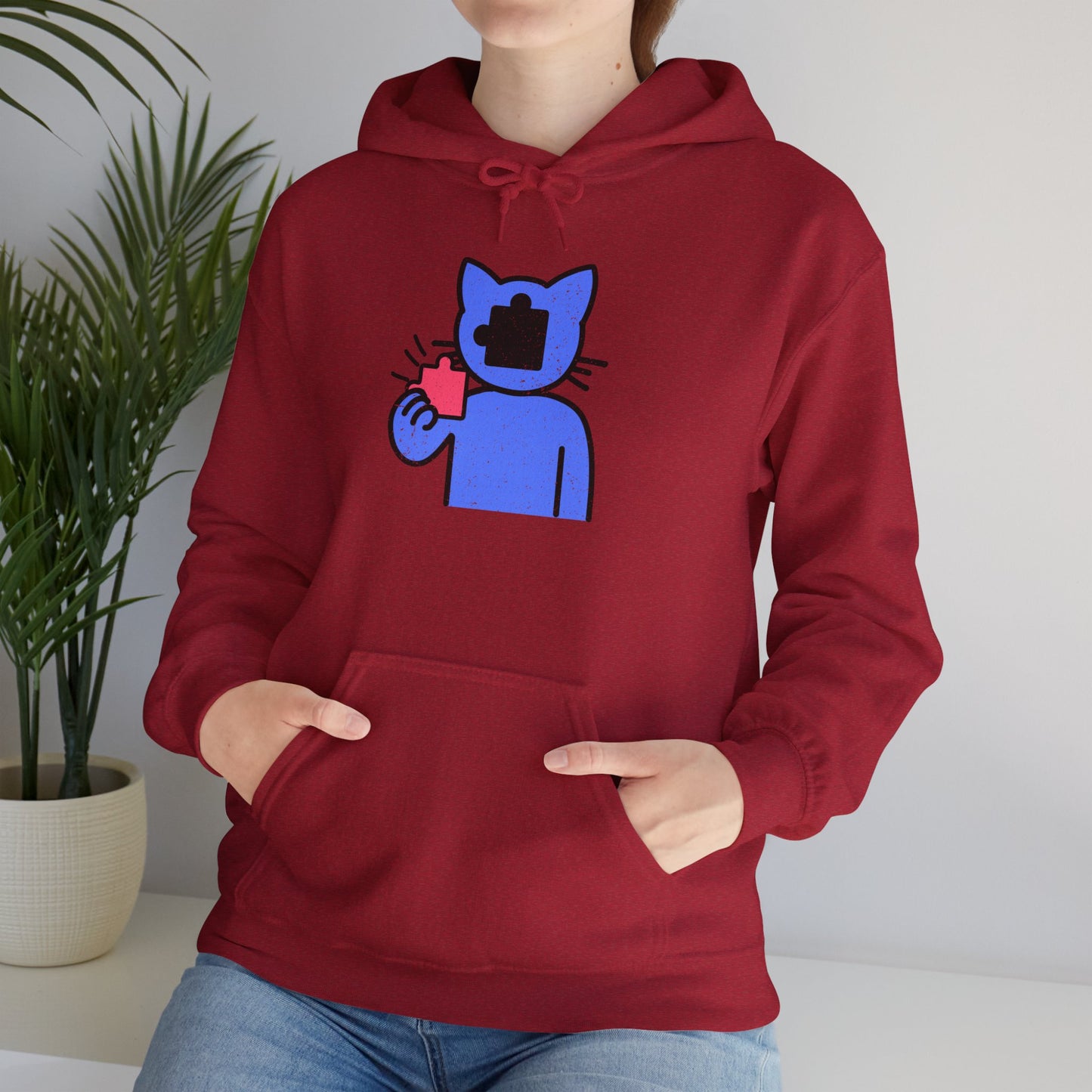 Cat Puzzle Piece Hoodie – Distressed Graphic Pullover – Cozy Unisex Hooded Sweatshirt for Puzzle Lovers