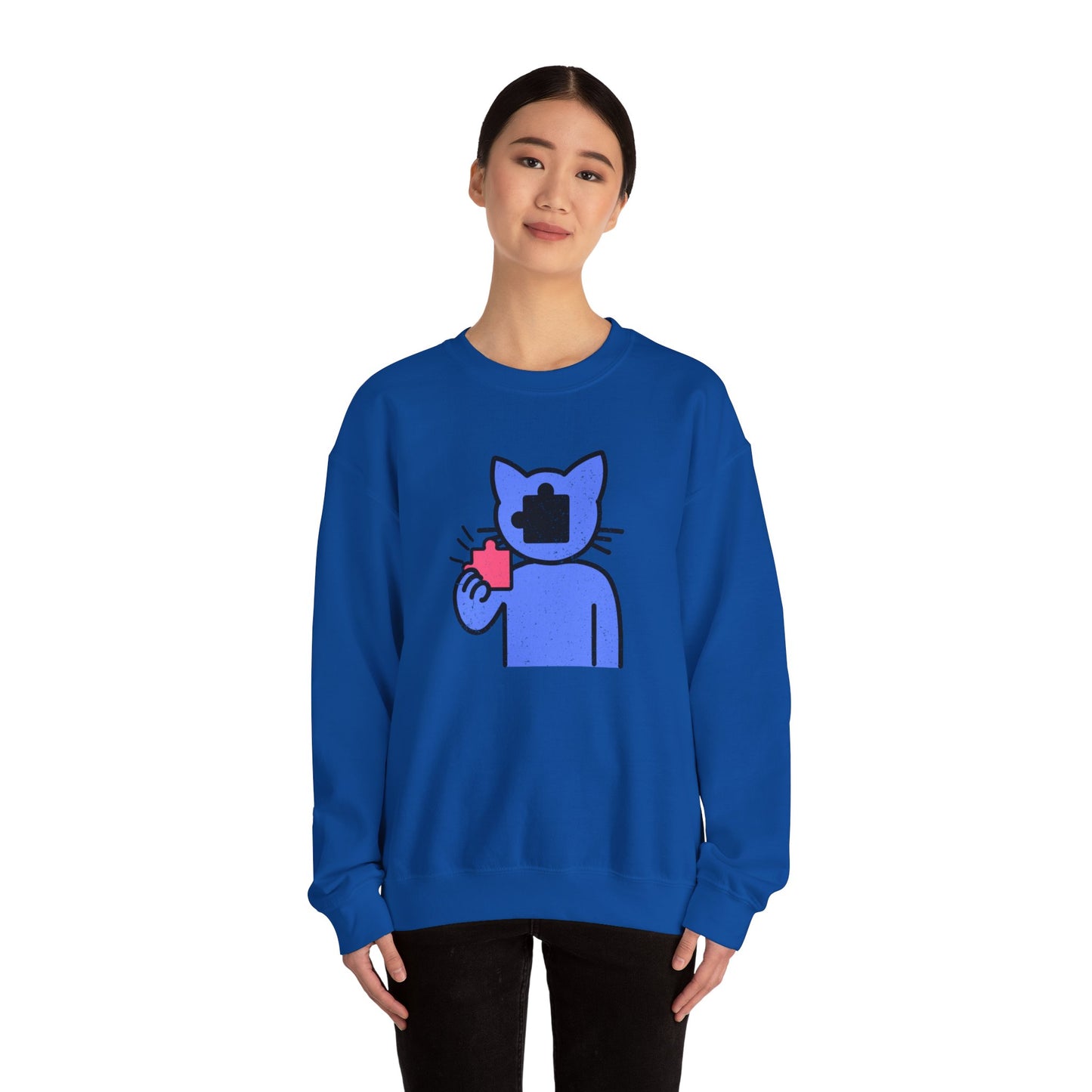 Cat Puzzle Piece Sweatshirt – Distressed Graphic Crewneck – Cozy Unisex Fleece for Life’s Puzzle Lovers