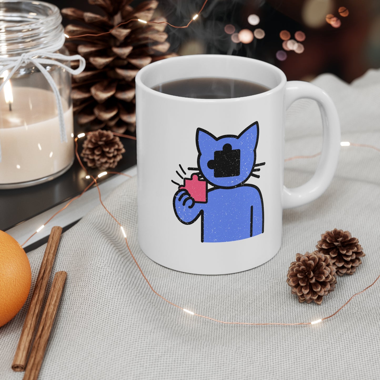 Cat Inspecting Puzzle Piece Mug – White Ceramic Coffee Cup with Distressed Design for Curious Minds